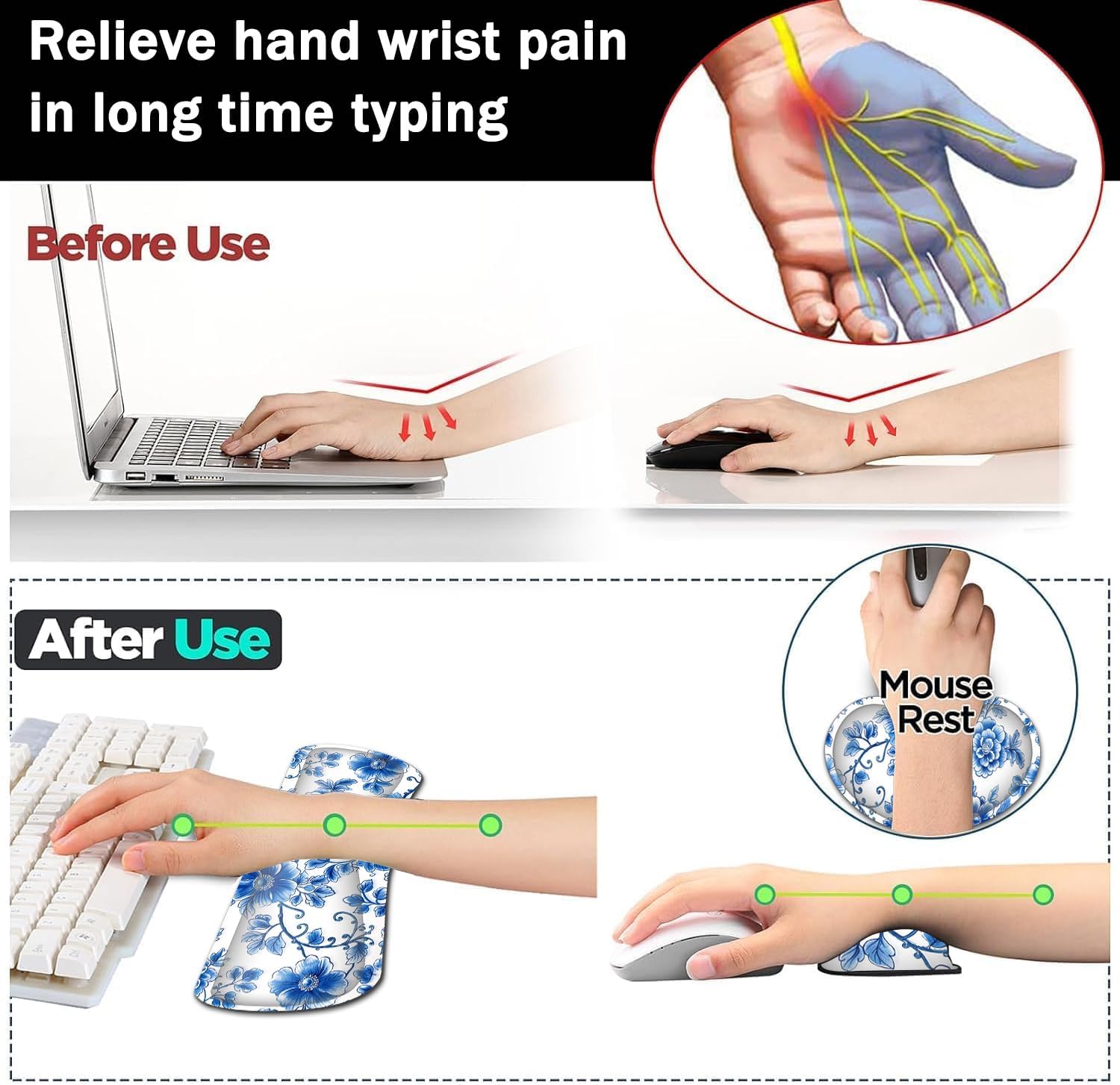 Large Gaming Mouse Pad+ Keyboard Wrist Rest Set, Ergonomics Memory Foam Mouse Mat Wrist Rest Support for Home Office, Waterproof Extended Mousepad 31.5x11.8in, Blue Flowers White Desk Pad