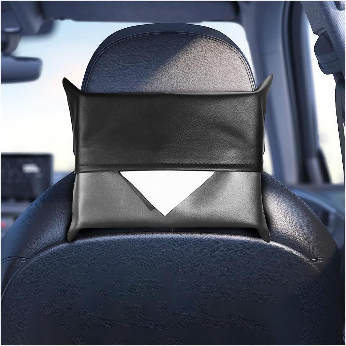 ZIMISI Car Tissue Holder, Leather Napkin Holder with Elastic Band, Car Backseat Tissue Box Holder, Rectangular Automotive Seat Storage Organizer for Sun Visor, Center Console, Armrest Box (Grey/Black)