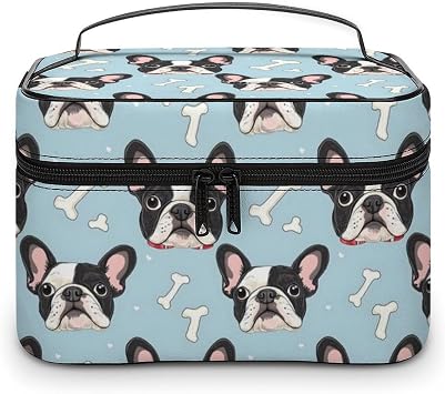 Large Travel Makeup Bag Organizer - Leather Travel Cartoon Cute French Bulldog Print Cosmetic Toiletry Bag for Women, Nail Skincare Makeup Case Organizer with Compartments Brush Storage And Handle