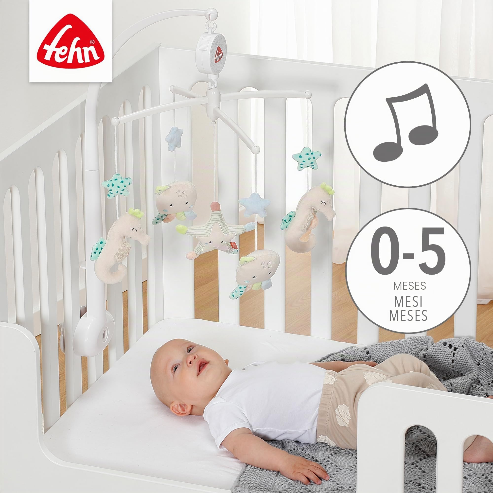 Fehn Música móvil Meereskinder - Mobile a carica con melodia Duerme niño pequeño duerme y figuras para tranquilizar y entretener - con fijación a la cama para bebés de 0 a 5 meses