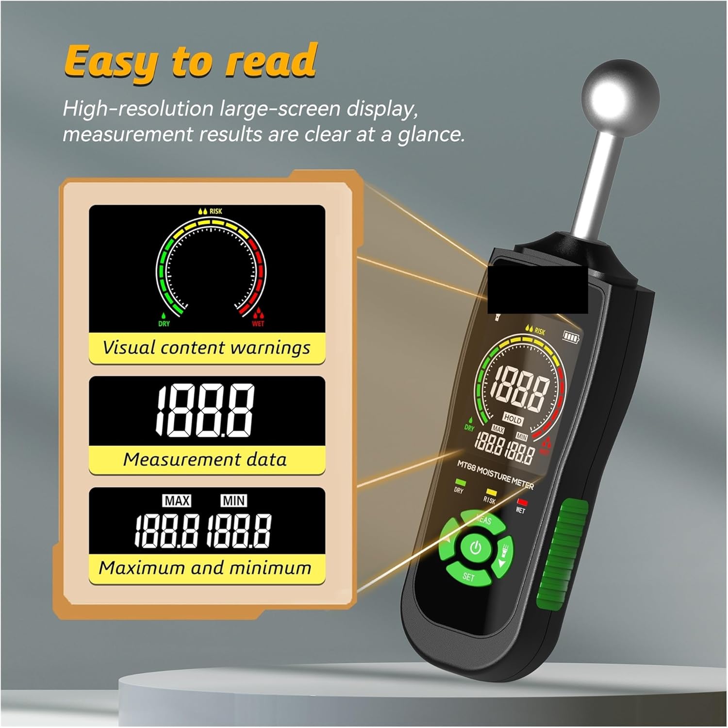 Detailed view of the MT68 LCD display showing visual warnings, measurement data, and max/min values