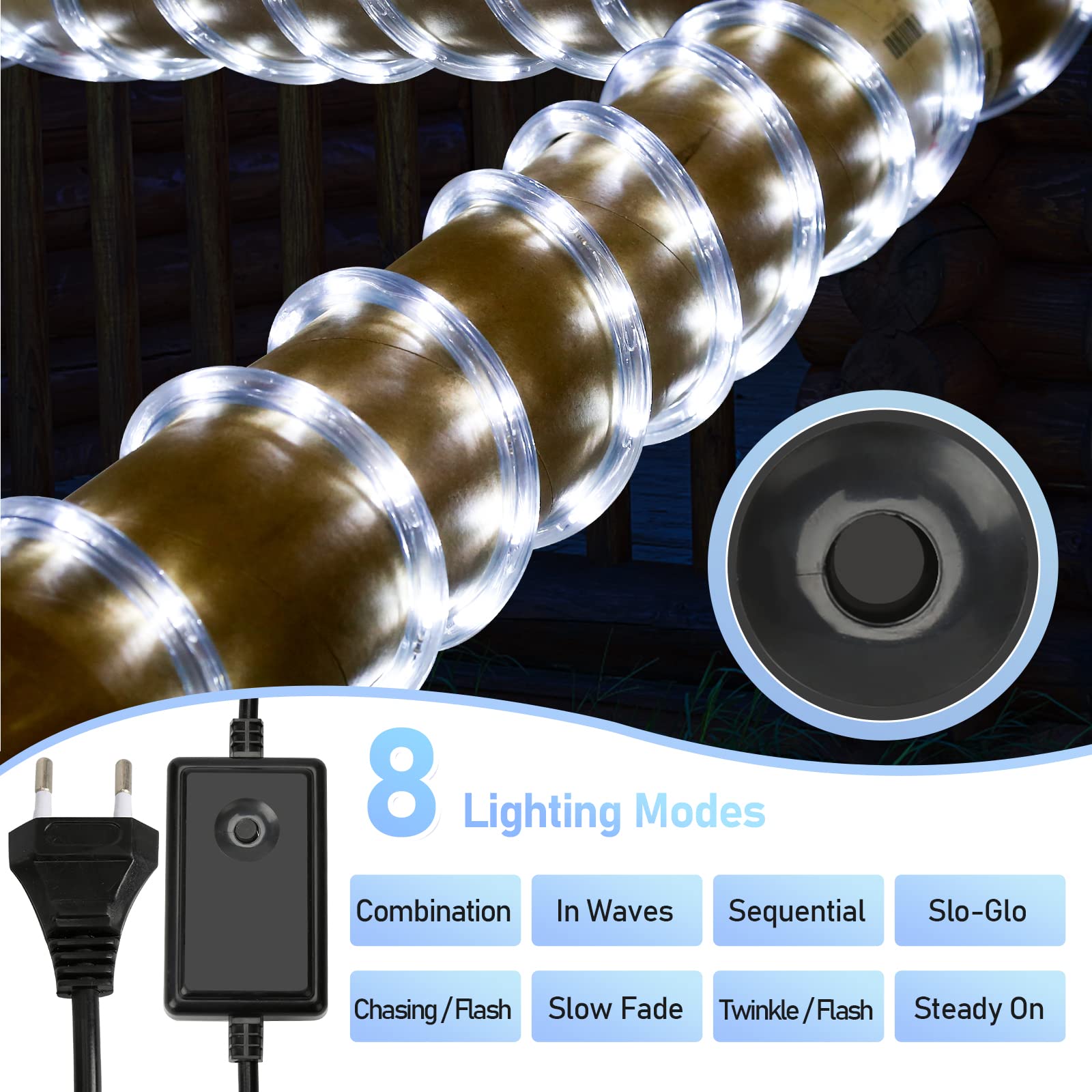 40M Tubo de LED, 220V LED Navidad, Impermeable Luces Exterior Manguera LED, LED Luces de Tira de Manguera con 8 Modos y Controlador,para Decoración Navidad,Jardín,Casa, Blanco Frío