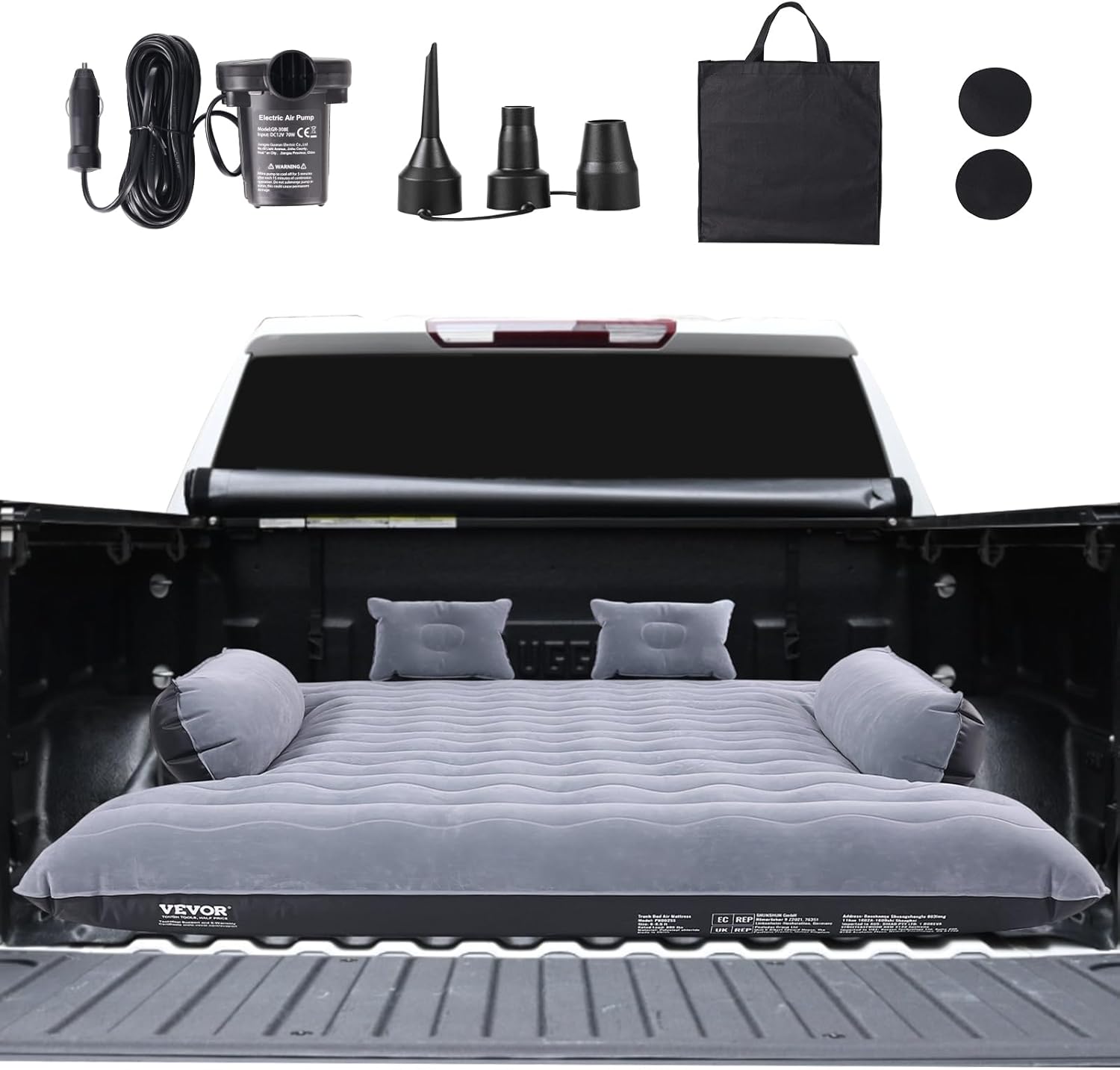 VEVOR Air Mattress for 6-6.5ft Full Size Truck Bed, Inflatable Truck Bed Air Mattress with Pump, Pillows & Carry Bag, Tent Camping Sleeping Pad Compatible with Silverado, Dodge Ram, Ford 150/250/350