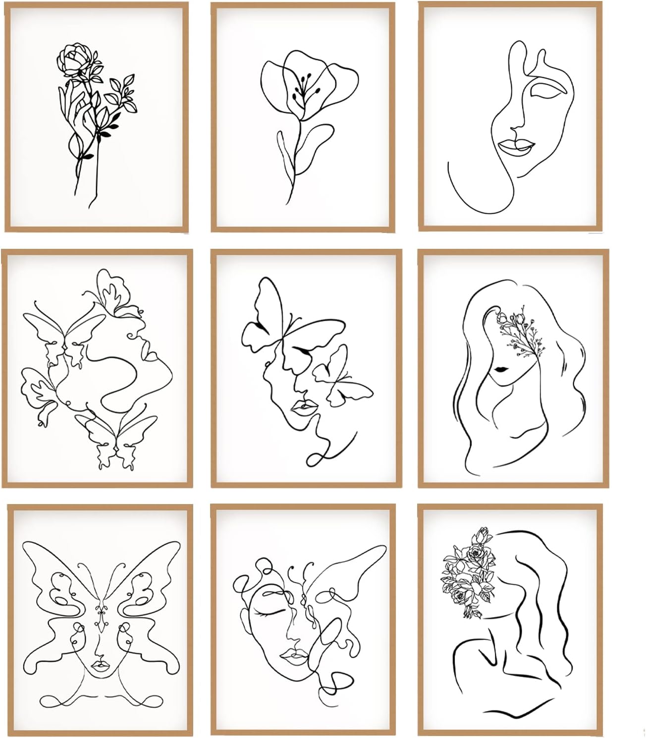 ORIGACH Minimalist Female Line Wall Art Poster, Set of 9 Abstract Female Face with Flower and Butterfly Line Art, Modern Black and White Woman Artwork, Unframed 8x10in