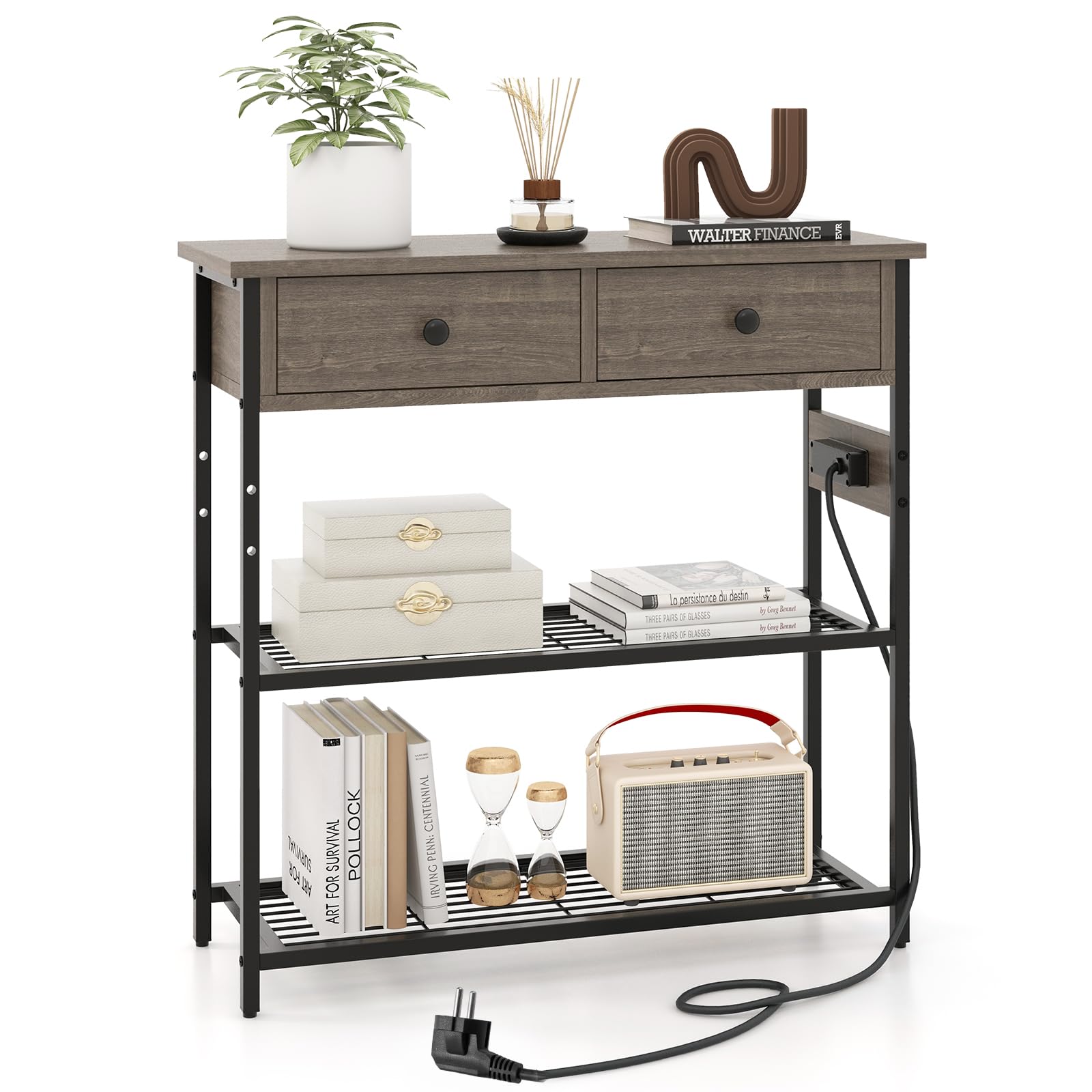LIFEZEAL Tavolo consolle con presa elettrica, tavolo da corridoio industriale con porte USB, tavolo d'ingresso con ripiani e cassetti, tavolino sottile, 81x30x81 cm (grigio)