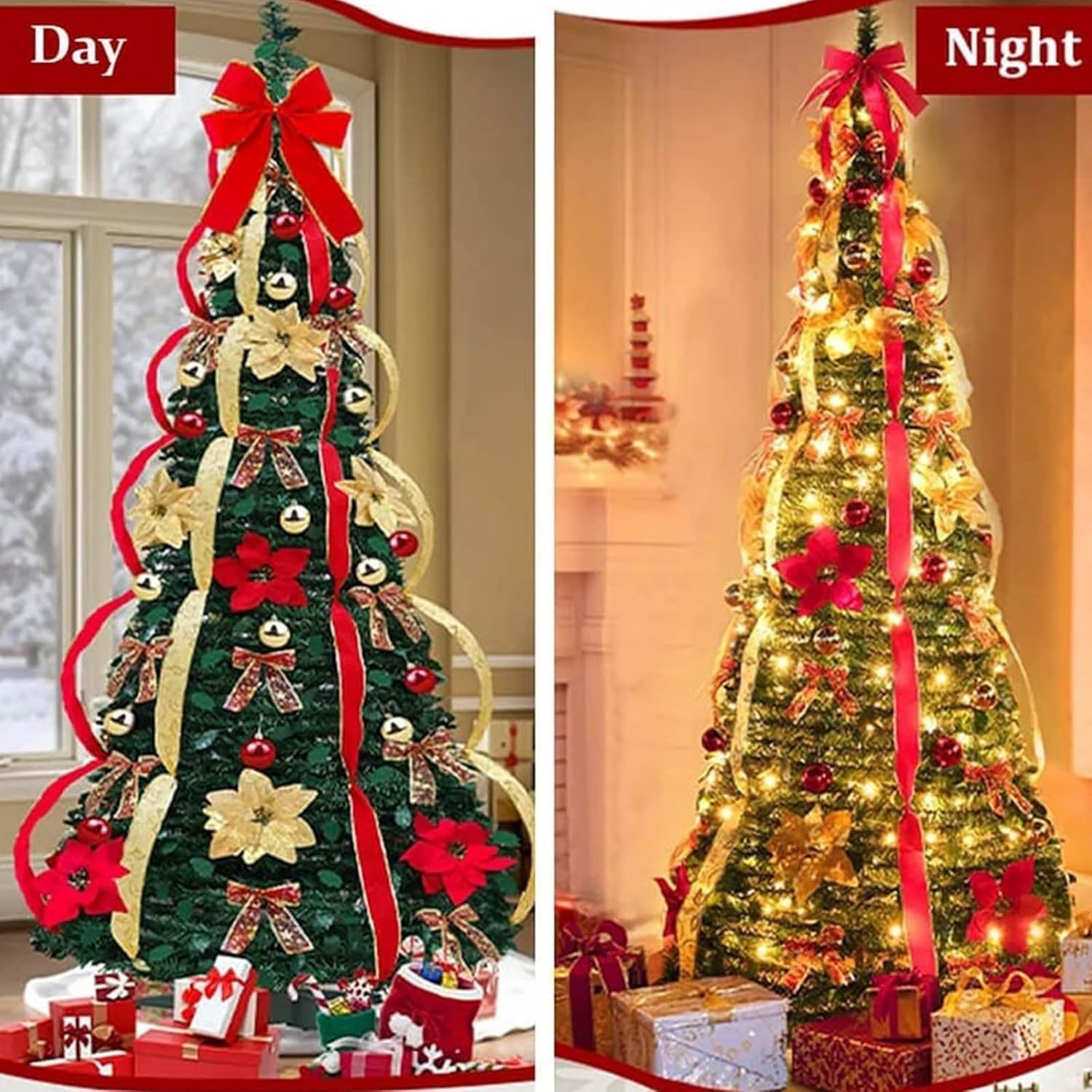 Genérico Árbol de Navidad Plegable, Árbol de Navidad Totalmente Decorado con Luces, Adornos de Cinta y Lazo para Decoraciones de Fiesta de Navidad