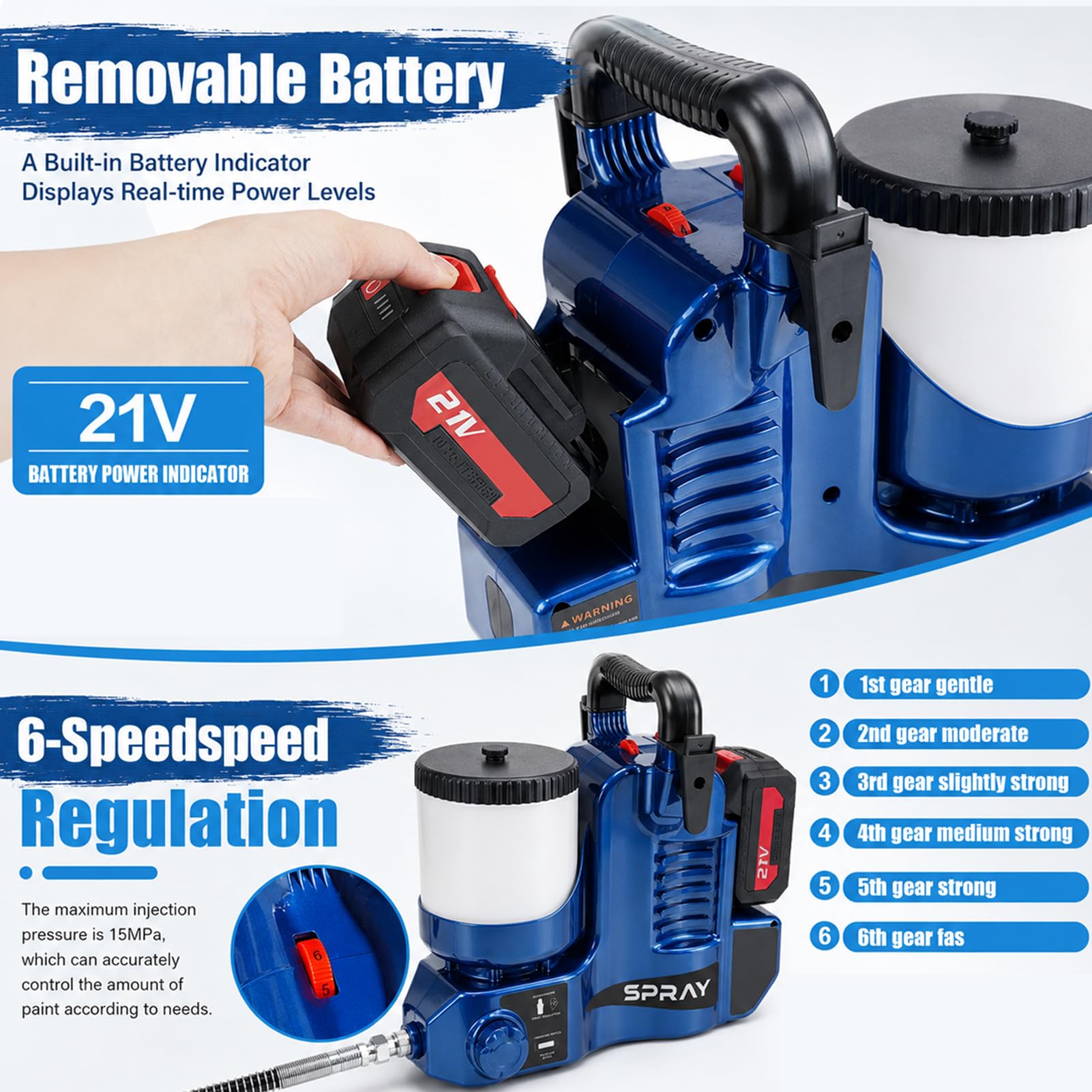 Przenośny opryskiwacz do malowania 1,2 l, bezprzewodowy pistolet do malowania 650 W, akumulator litowy 21 V, dysza 514, 1,1 l/min, 6-biegowa regulacja, lekki zestaw wszystko w jednym z