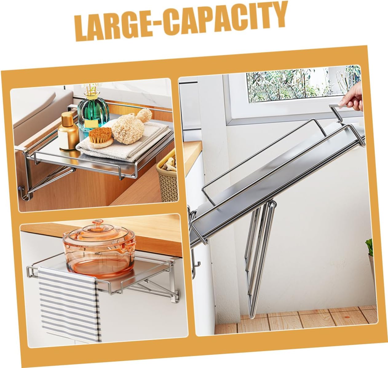 Stainless Steel Foldable Kitchen Cabinet Door Shelf Multi-function Hanging Organizer Rack Space-saving Storage for Home Bathroom Hotel with Large Capacity and Strong Load-bearing