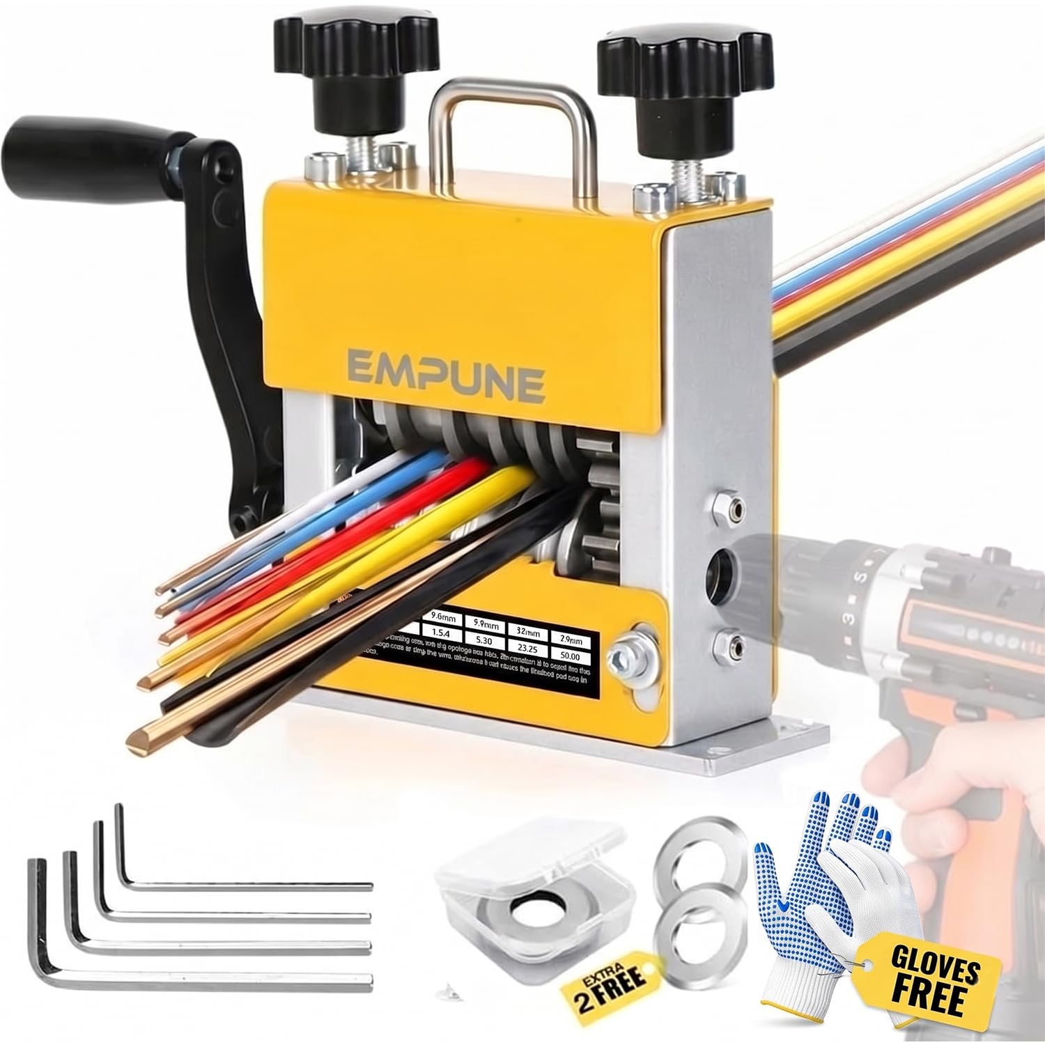 6-IN-1 Manual Wire Stripper Machine Drill-Operated Wire Stripper Tool with Hand Crank 3-17mm Dia Cable, Manual Wire Stripping Machine with 6 Tracks & 5 Carbide Blade | Yellow-image-9