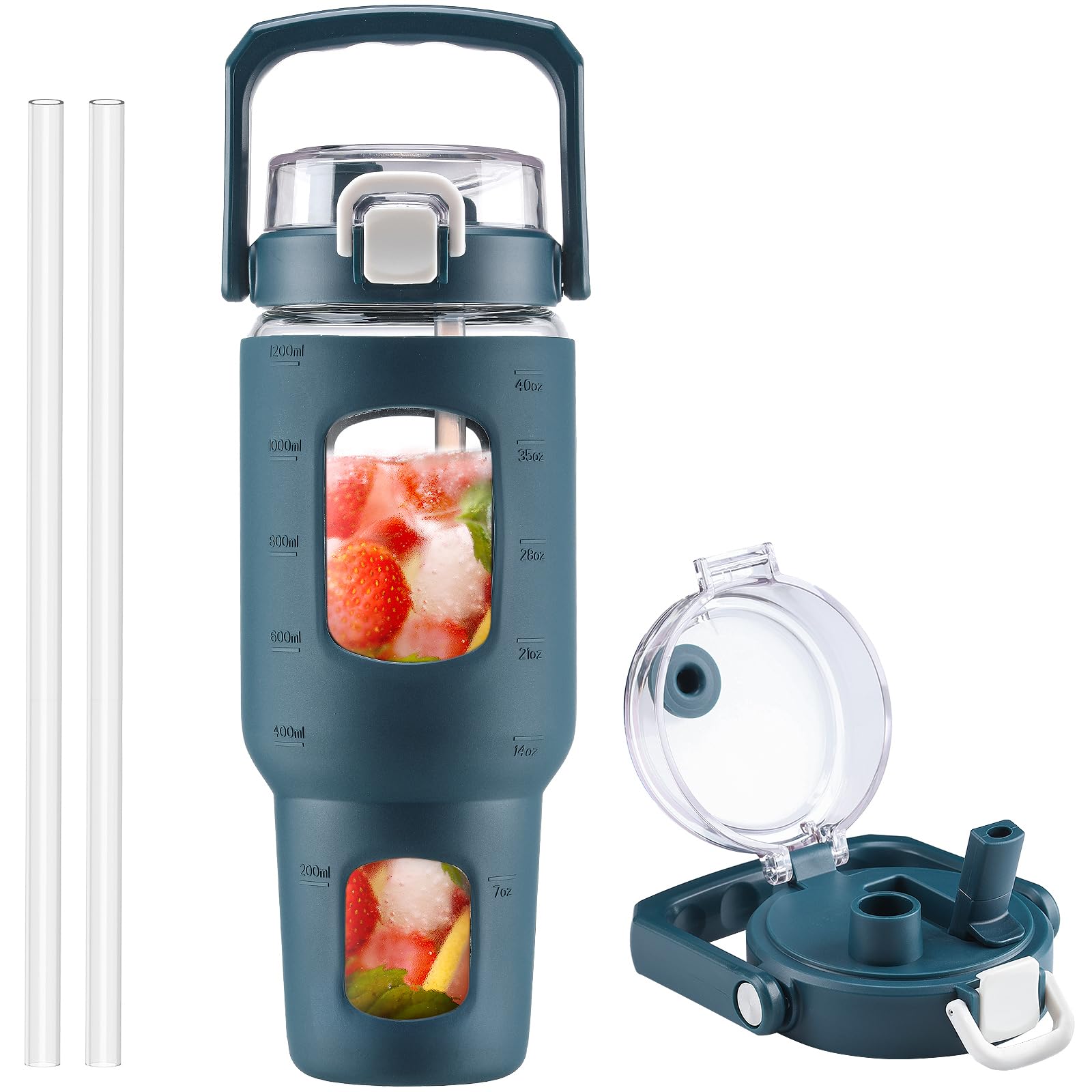 BLUEGO Glas-Wasserflasche 1,8 L – Mit Griff, Strohhalm & Zeitmarkierung, Auslaufsicher, Aus Borosilikatglas, Rosa
