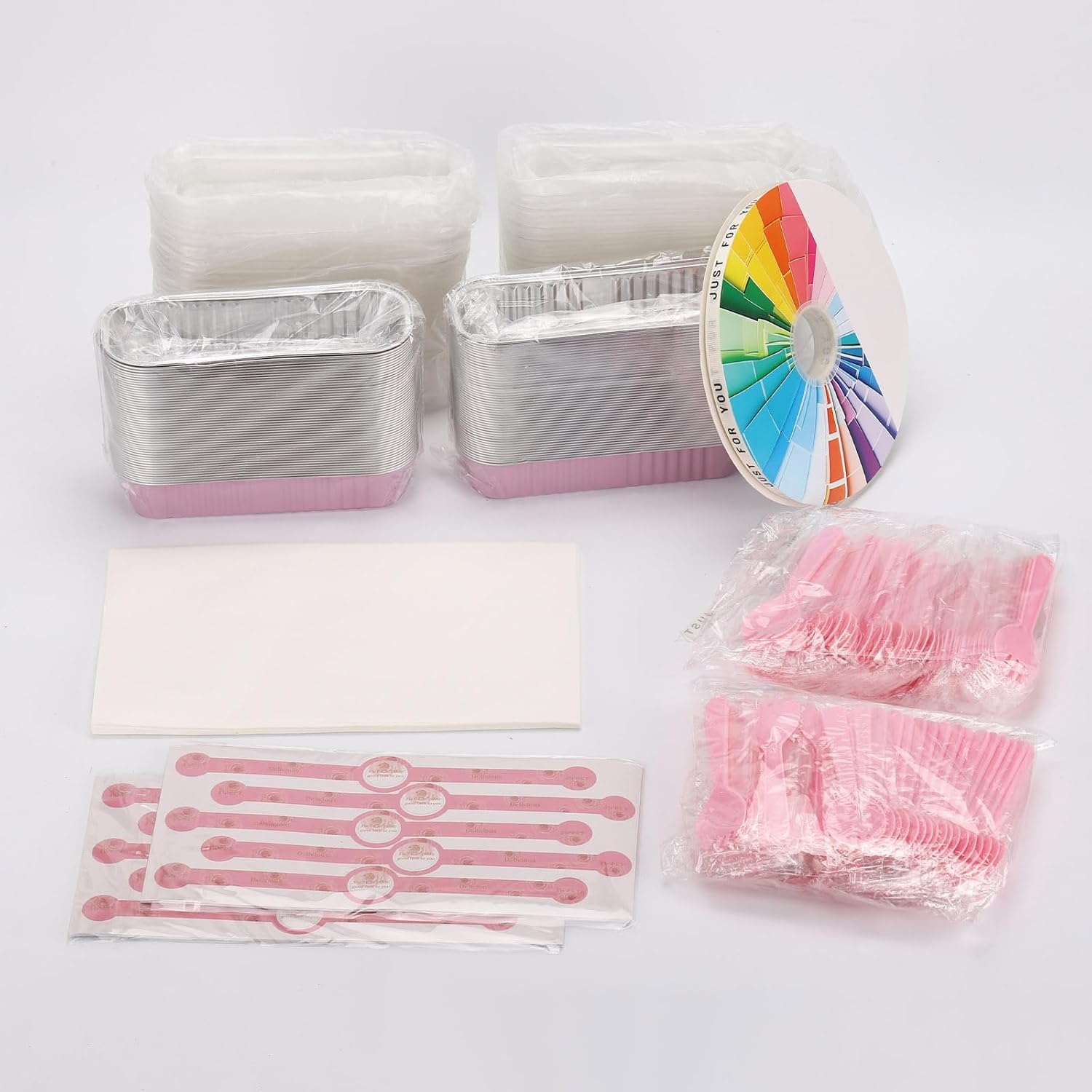 Tbestmax 100 Pack Mini Cake Pans, 6.8 oz Loaf Baking Pans with Lids and Spoons Sealing Sticker, Aluminum Foil Loaf Pans Cake Containers - Pink