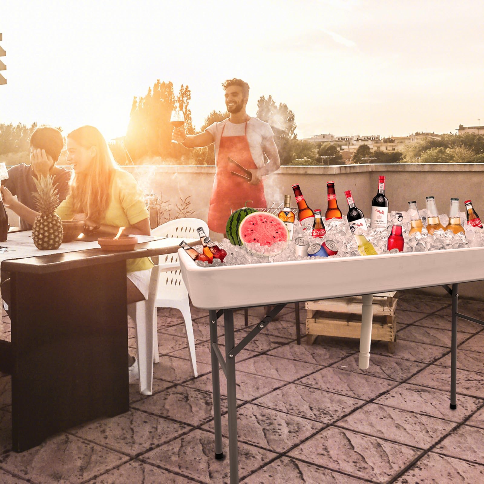 CAMP SOLUTIONS 4 Foot Bar Folding Ice Cooler Table with Drain, Portable Tailgate Camp Fishing Cleaning, Foldable Party Chilling Cooler Table Outdoor for Party,BBQ,Camping,Wedding