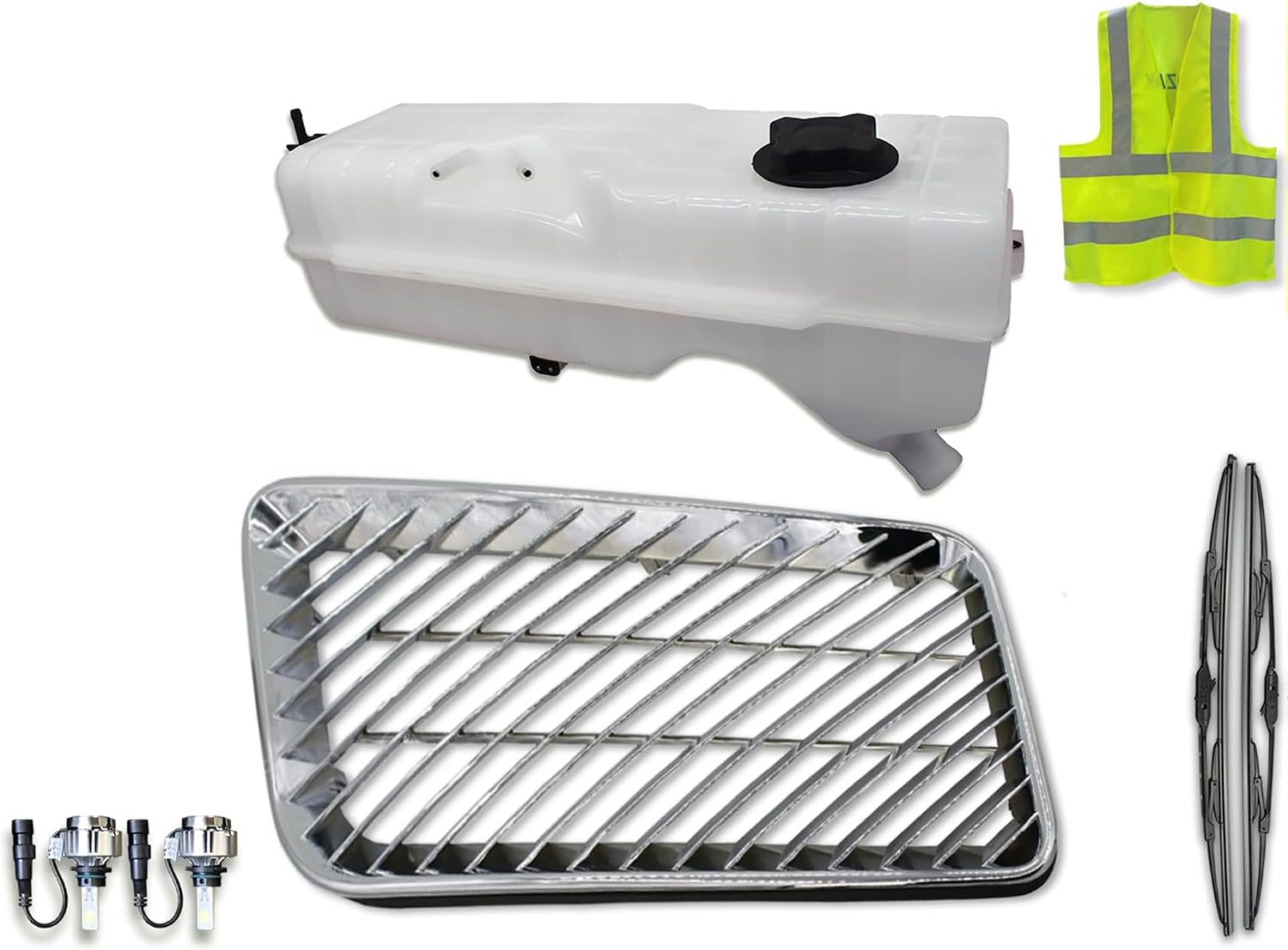 KOZAK Heavy Duty Engine Overflow Coolant Recovery Bottle Tank with Cap and Sensor (603-5504) + Side Hood Air Intake Grille Compatible with Volvo VNL VN 1996-2003 PLUS Wipers, 2x 12V LED Bulbs and Vest