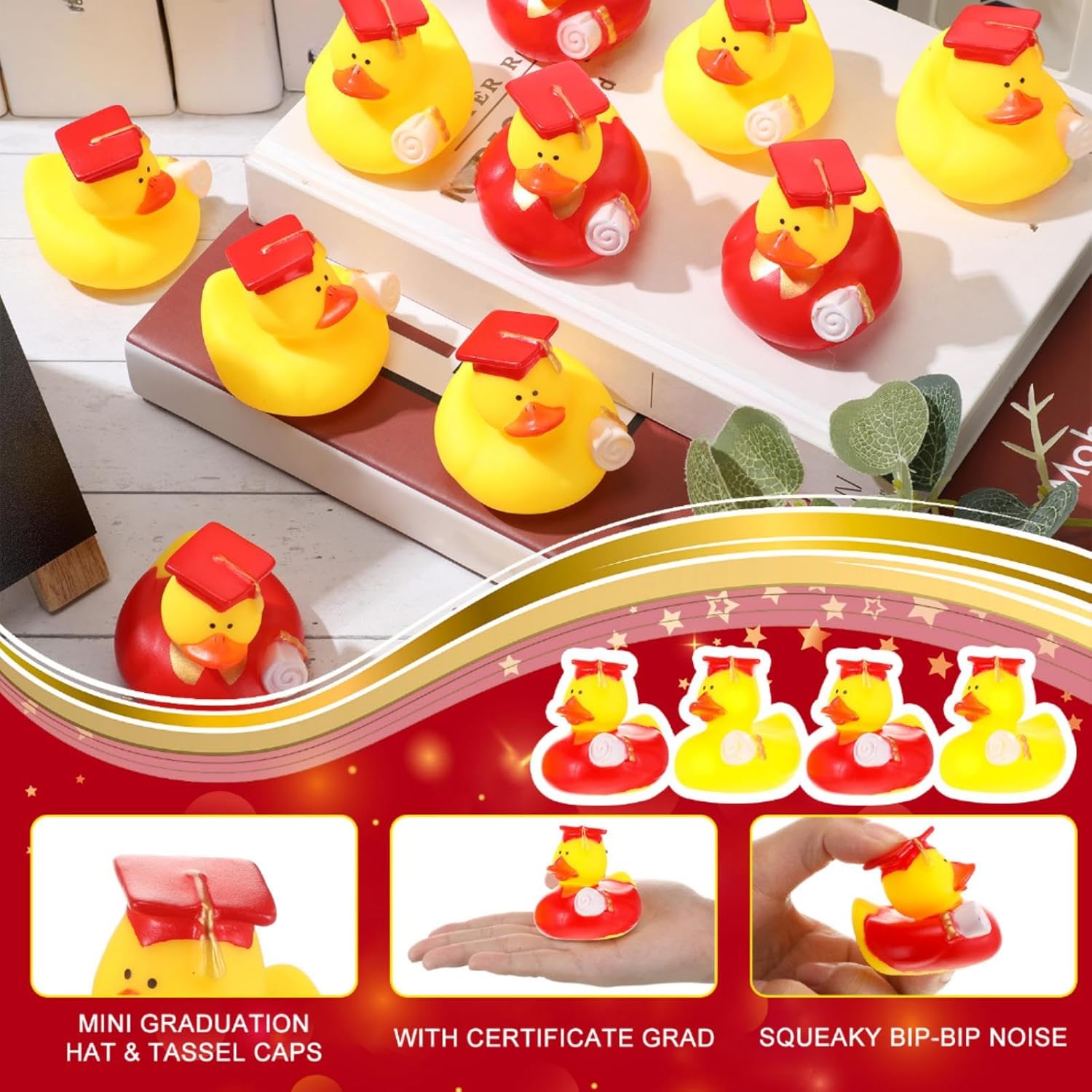 48 Pcs Mini Graduation Rubber Ducks with Graduation Tassel Cap and Certificate Gold Yellow Grad Duck for Pool Float Party Favors Decor Classroom Reward Prize Gifts, 2 Inch, 2 Style (Red)