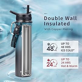 Trebo 24 oz Water Bottle Insulated with Lid and Straw,Double Wall Vacuum Stainless Steel Metal Tumbler Sports Flask with Paracord Handle, Keep Cold 48 Hours Water Cup with 3 Lids, Indigo/Black