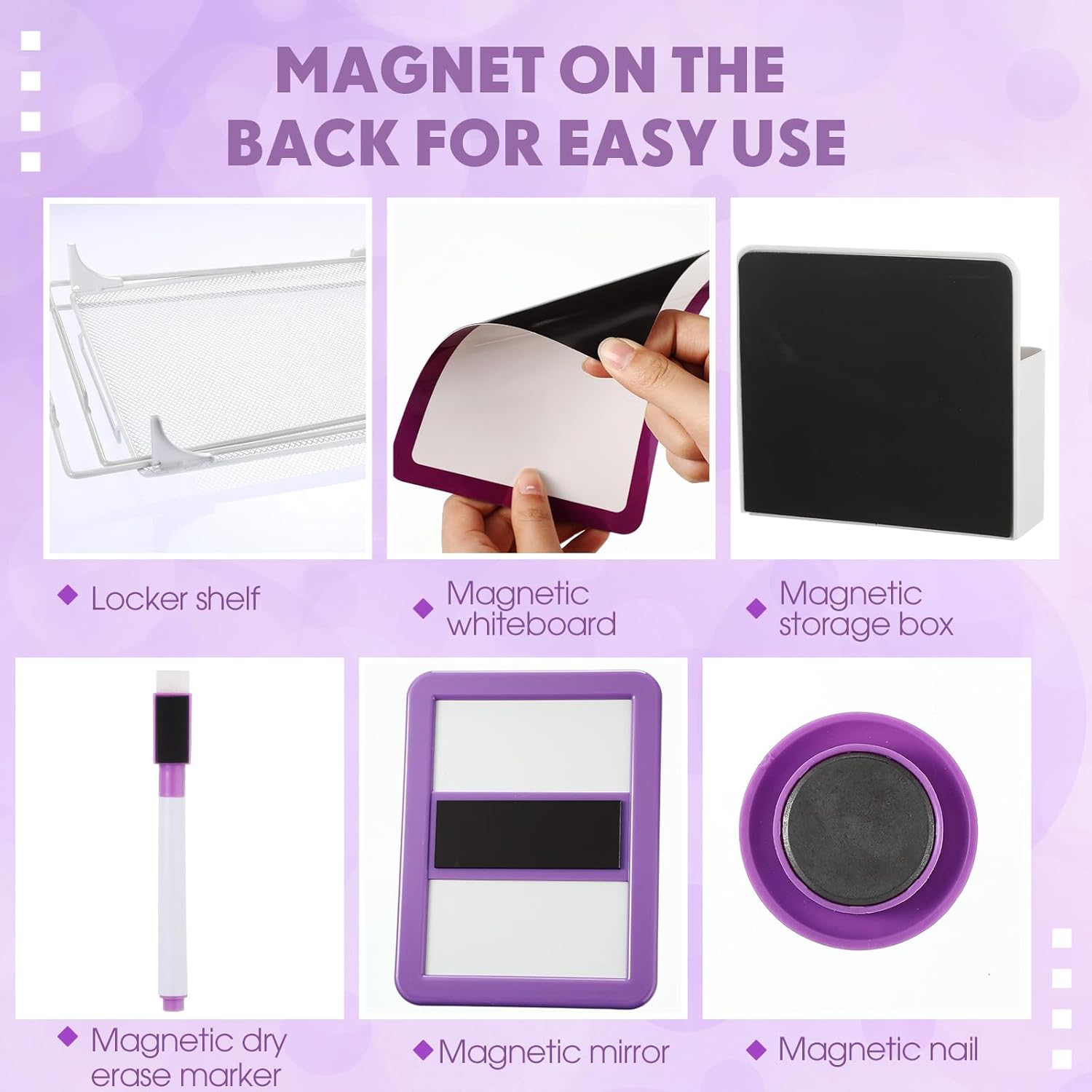 Hushee 10 Pcs Locker Accessories Kit Locker Organizer and Decorating Kit Back to School Essentials Magnetic Wallpaper Carpet Mirror Shelf Whiteboard Marker for Girls Boys School Office(Purple)
