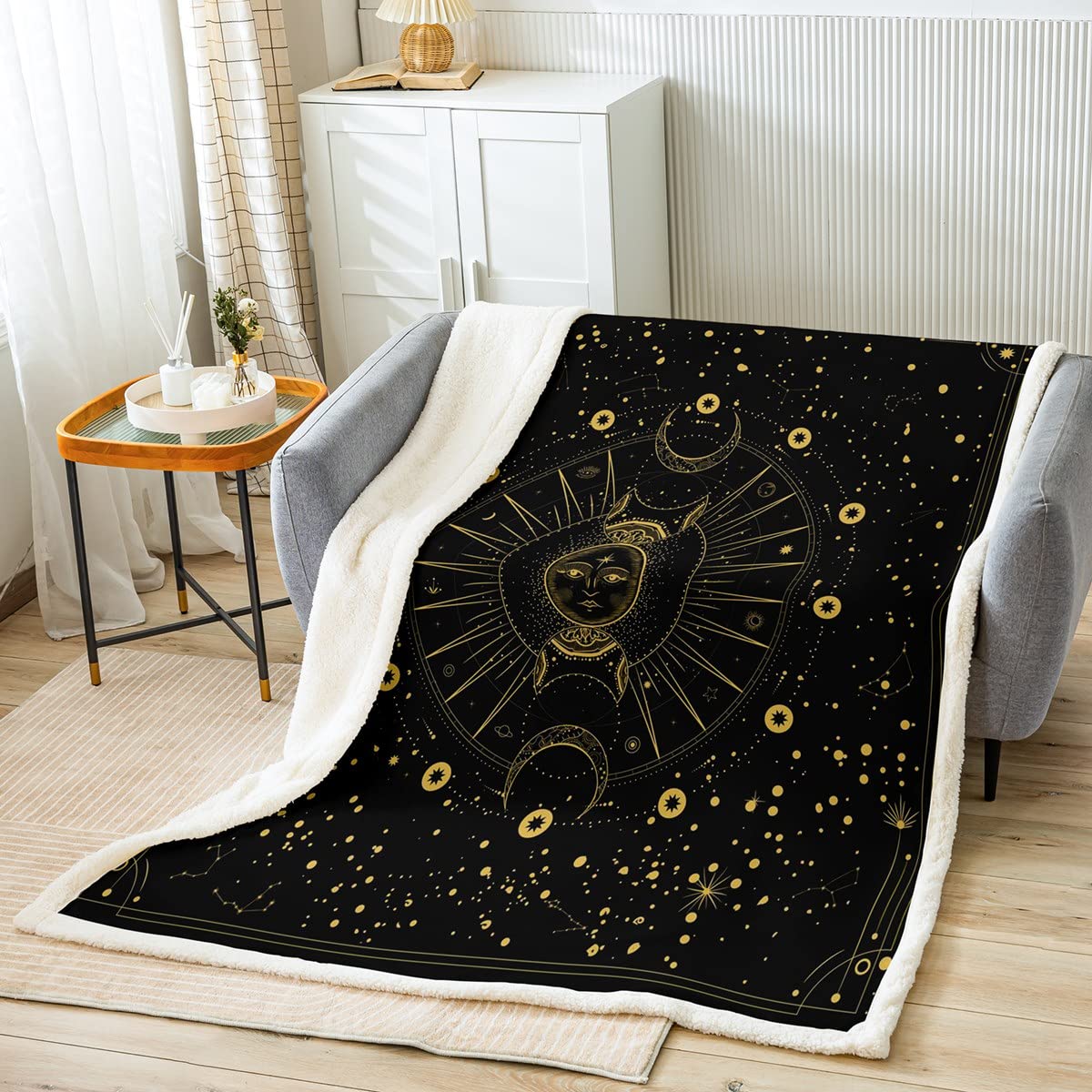 Słońce i księżyc narzuta koc boho egzotyczny pluszowy koc dla dzieci chłopców dziewcząt galaktyka astrologia koc szerpa boho puszysty koc na sofę łóżko, czarny i złoty, podwójny, 152 x 180 cm