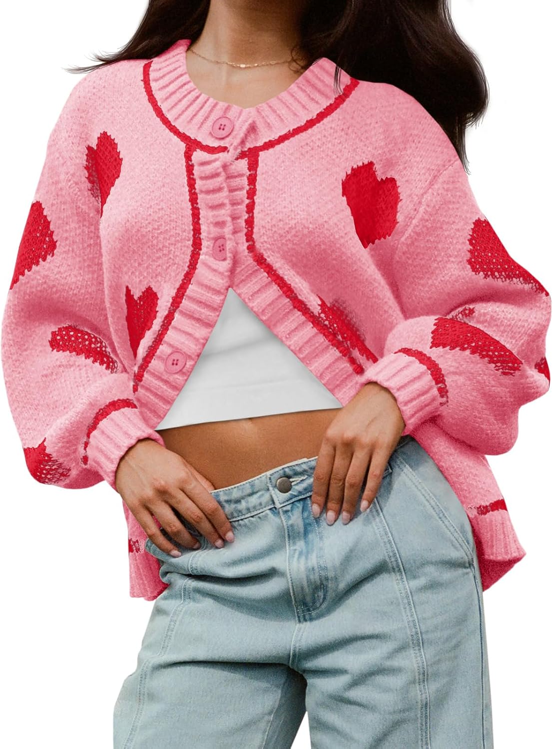 Saodimallsu Womens Cute Heart Cardigan Sweaters Chunky Knit Button Down Crewneck Long Sleeve Sweater Coat
