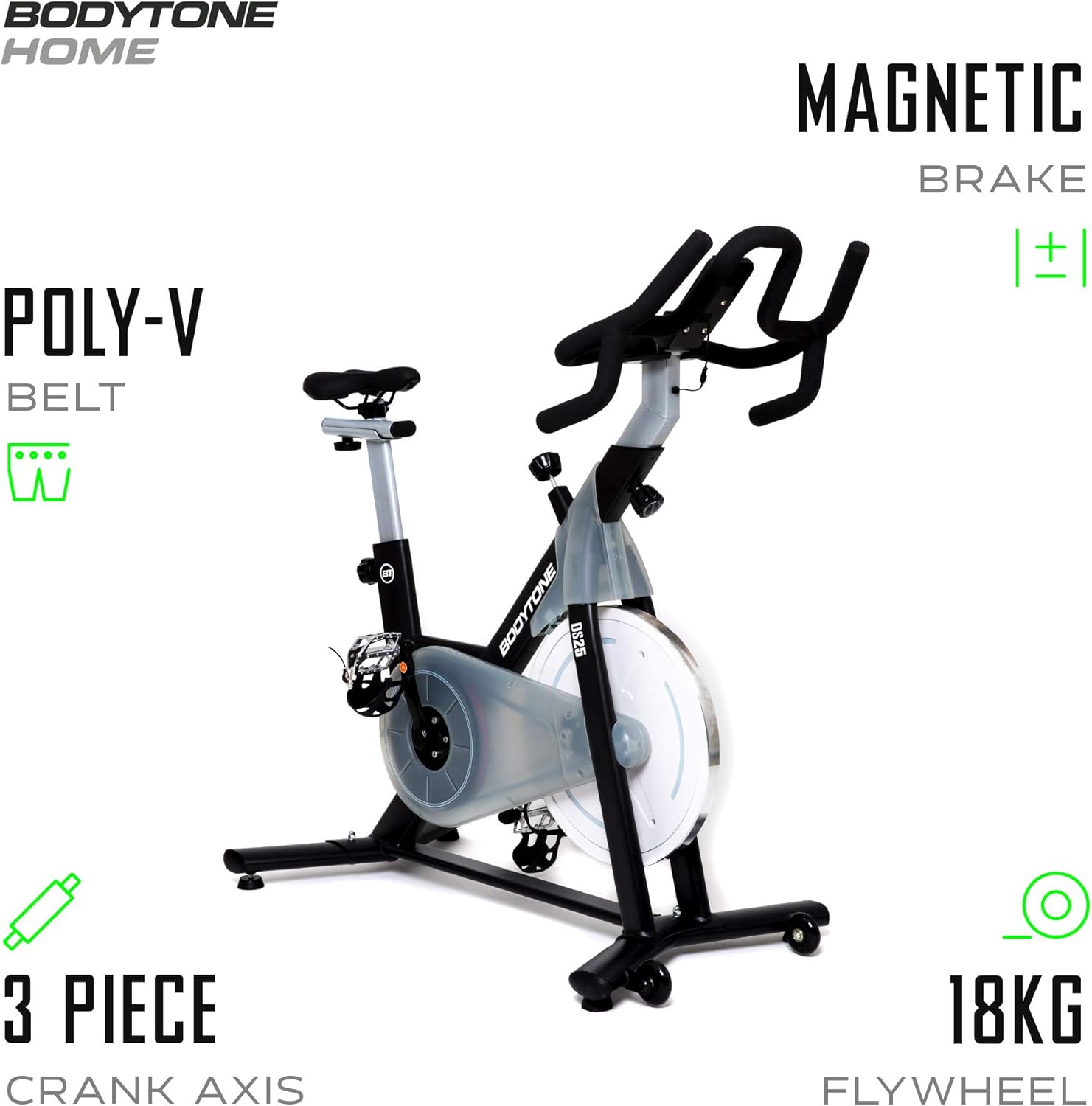 Вибухнув view of BODYTONE DS25 components including Poly-V belt, magnetic brake, 3-piece crank axis, and 18kg flywheel