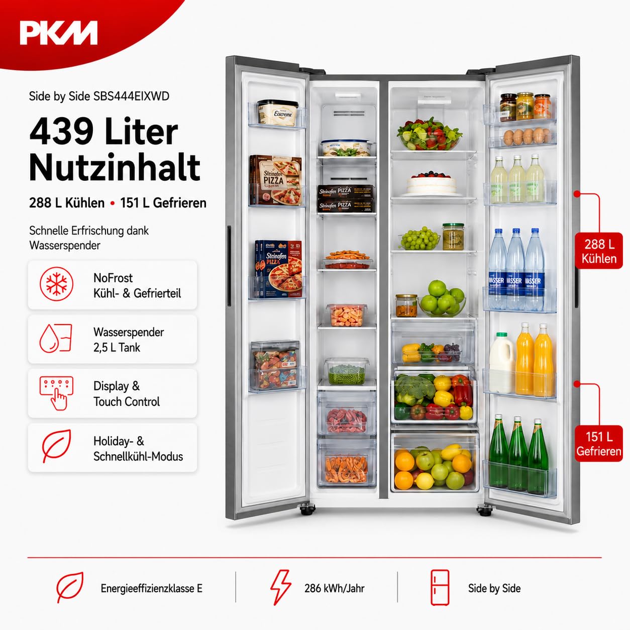 PKM SBS444EIXWD, Side by Side Kühl-Gefrierkombination, 439 L, 2-türig mit Wasserspender, Inox Design