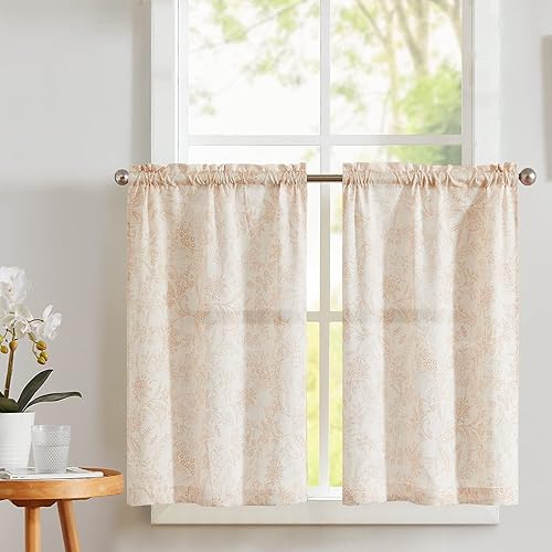Vangao Cortinas de cocina con estampado floral, cortinas de lino de 36 pulgadas de largo, cortinas cortas de media ventana, bolsillo para barra, 2