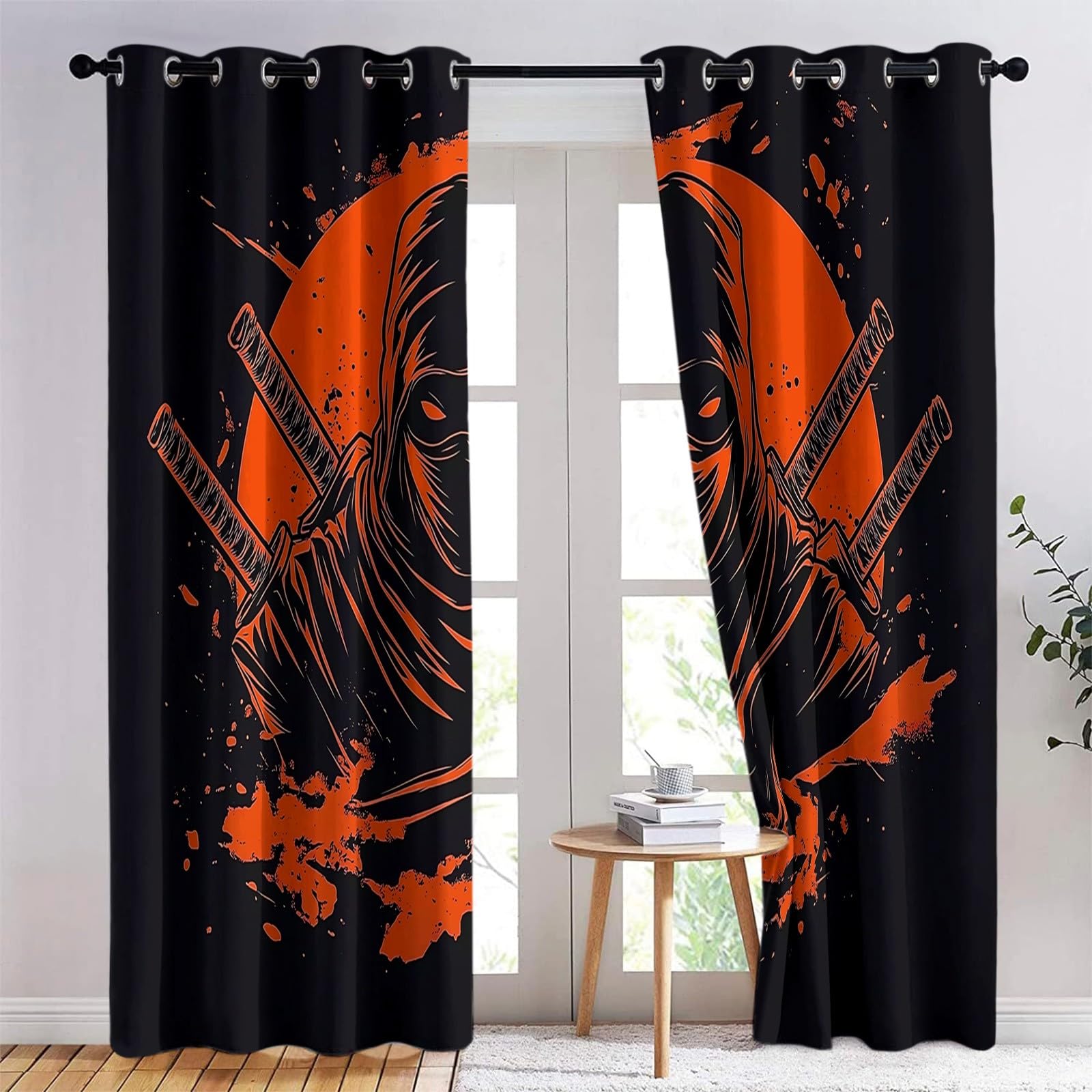 Folia Retro Ninja Termiczna zasłona zaciemniająca, ochrona przed zimnem i ciepłem, oszczędność energii, idealna do sypialni i salonu, 220 x 215 cm, pomarańczowa, czarna, 2 sztuki