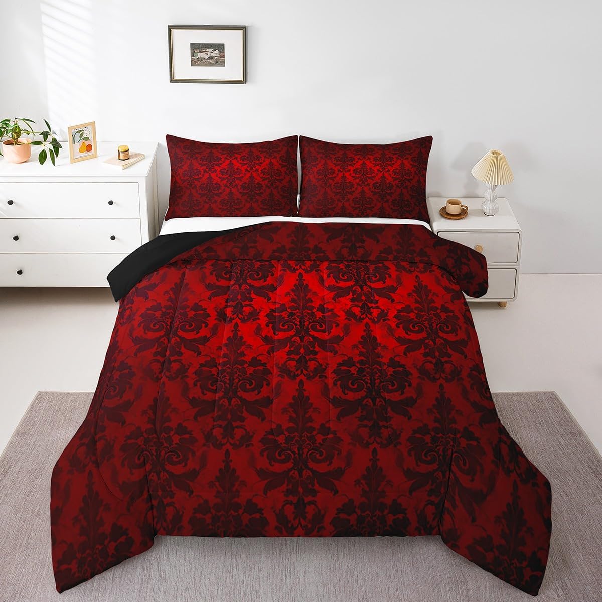 Erosebridal Gothic Bedding Sets Victorian Comforter Set,Black Damask Comforter Set King,Vintage Baroque Goth Bed Set Black Floral Comforter Set Bohemian Decor,Red