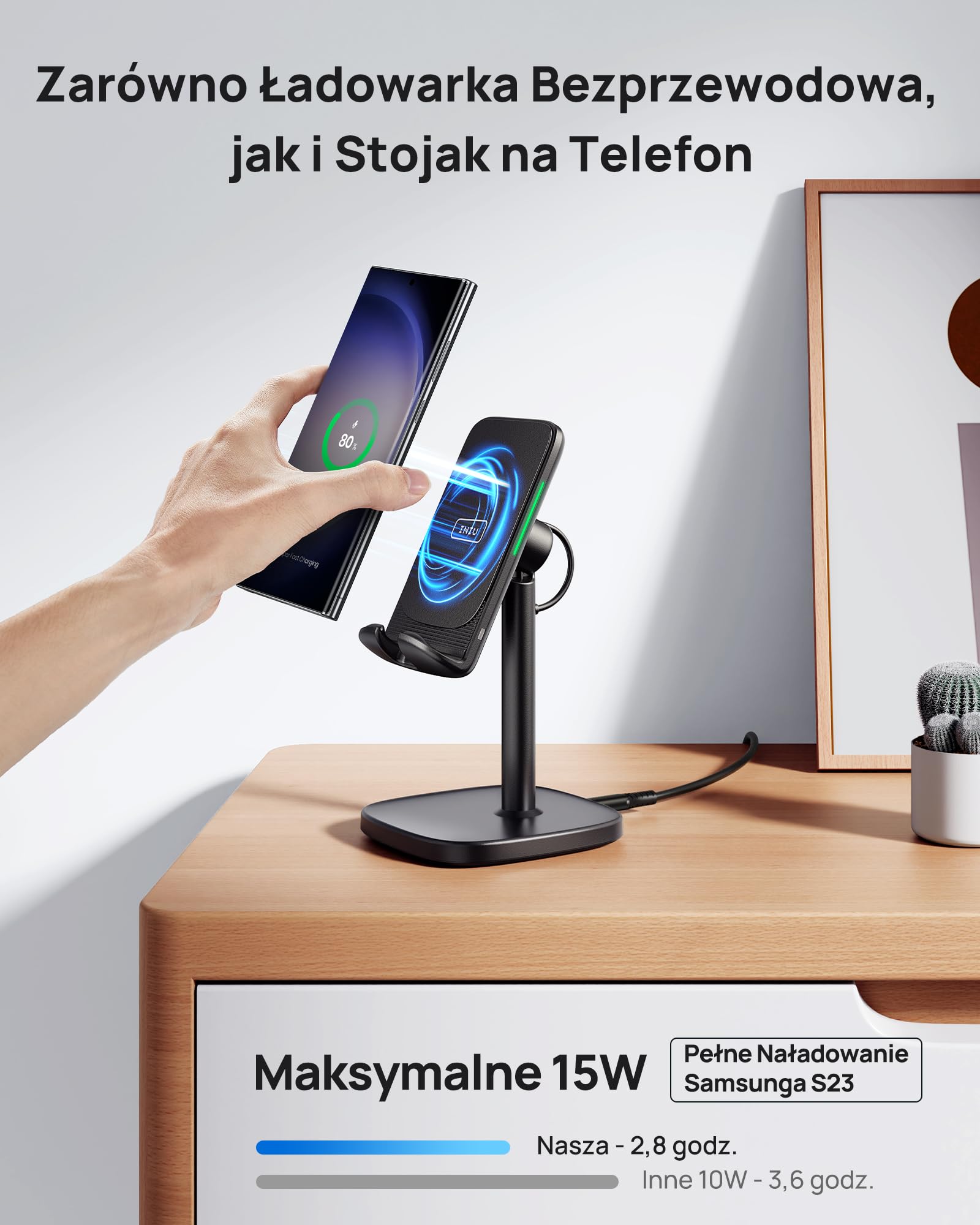 INIU Bezprzewodowa Ładowarka Stojąca, 15W Indukcyjna Szybkiego Ładowania, Stacja Ładująca z Adaptacyjnym LED i Regulowanym Uchwytem dla iPhone 16 15 14 13 12 Samsung Galaxy S25 S24 S23 Google Pixel LG