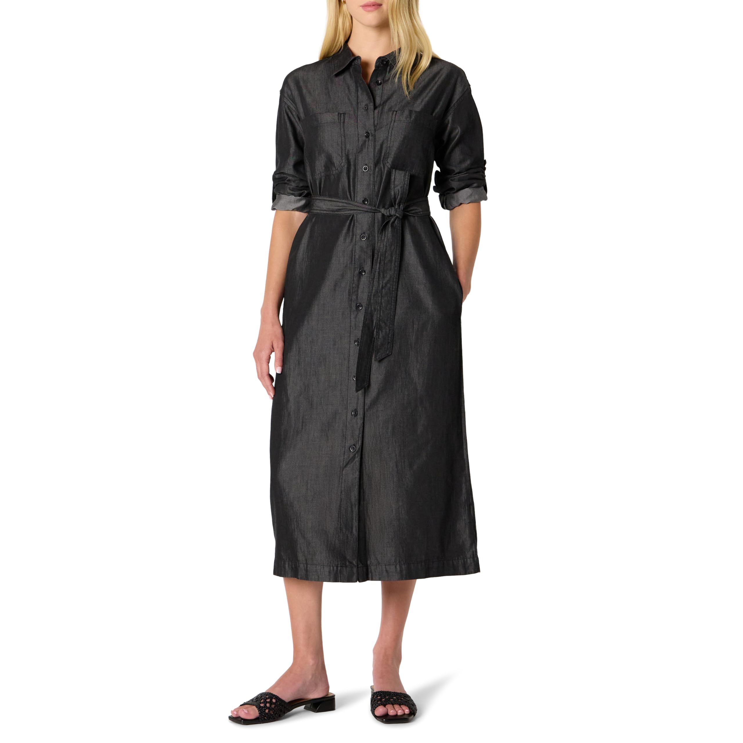 Amazon Essentials Women's Regular-Fit Denim Chambray Long-Sleeve Button-Up Midi Dress, Black Wash, Medium