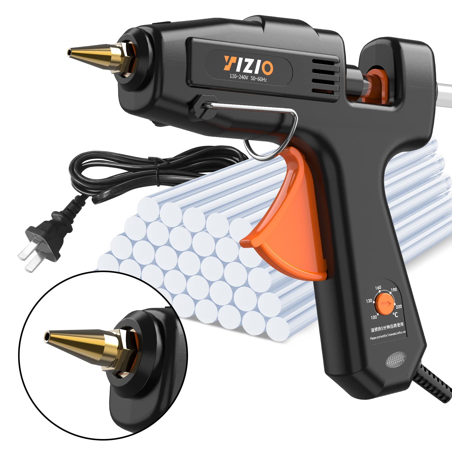 IZIO Set completo di pistola per colla a caldo e bastoncini, temperatura regolabile da 100 a 220 W, preriscaldamento rapido, colla industriale resistente, 30 bastoncini di colla a caldo per