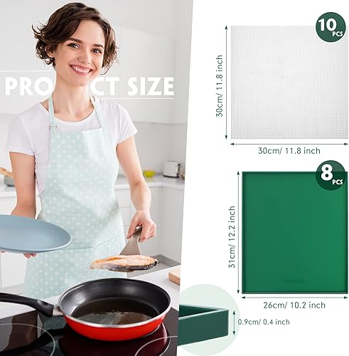 Vista 2 de Thenshop 8 bandejas deshidratadoras de silicona con borde y 10 alfombrillas deshidratadoras de malla, antiadherentes, reutilizables, de cuero, Verde