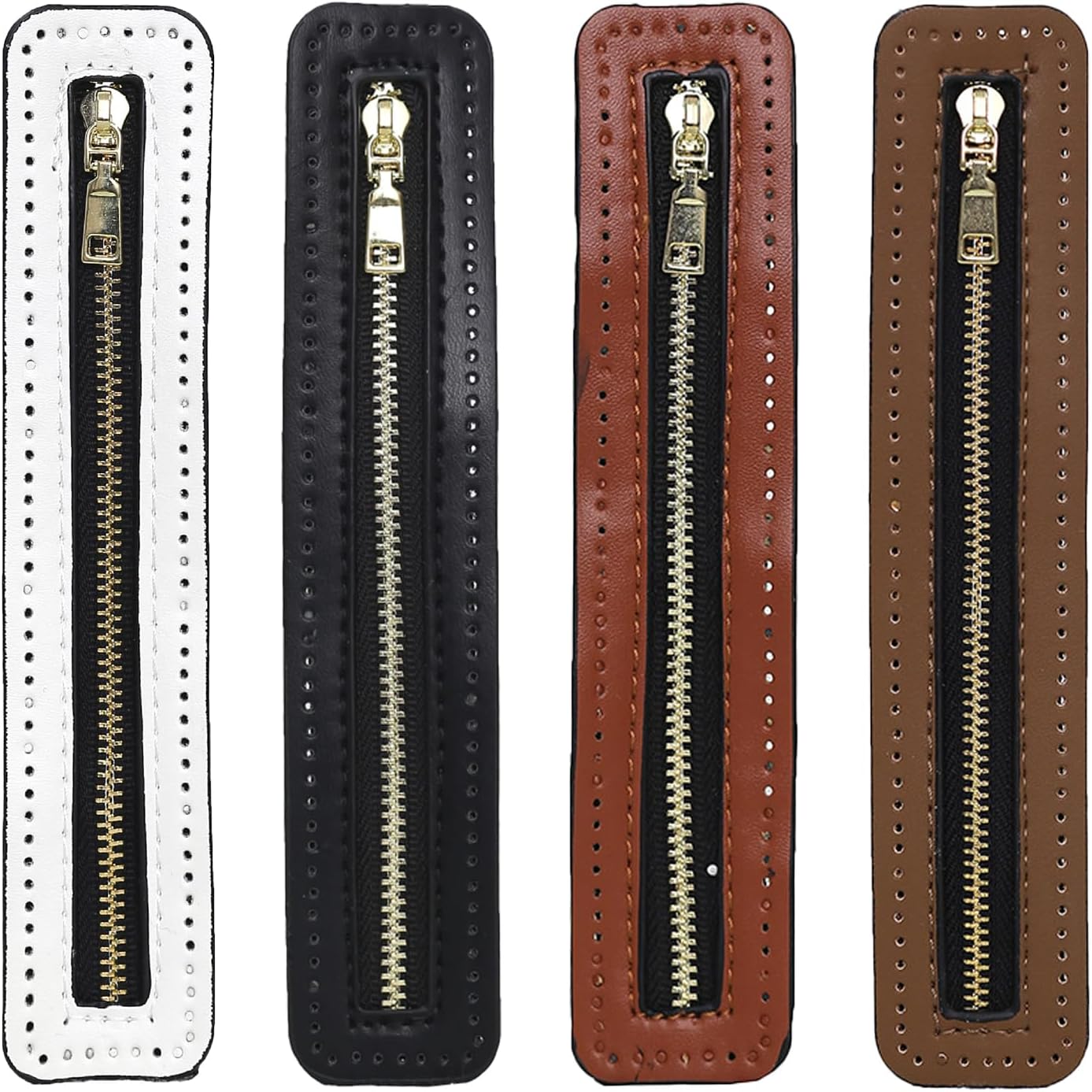 4 Colors PU Leather Zipper, 7.09 x 1.42 Inch PU Leather Crochet Zippers with Holes, Crochet Zipper for DIY Bags and Hand-Sewn Sewing Accessories