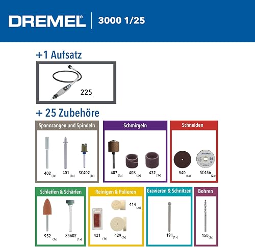 Dremel 3000 Utensile Multifunzione Rotativo, 1 Complemento, 25 Accessori per Intagliare, Incidere, Fresare, Tagliare, Levigare, Smerigliare, Lucidare e Pulire, 130 W, 230 V, Nero/Grigio - 9