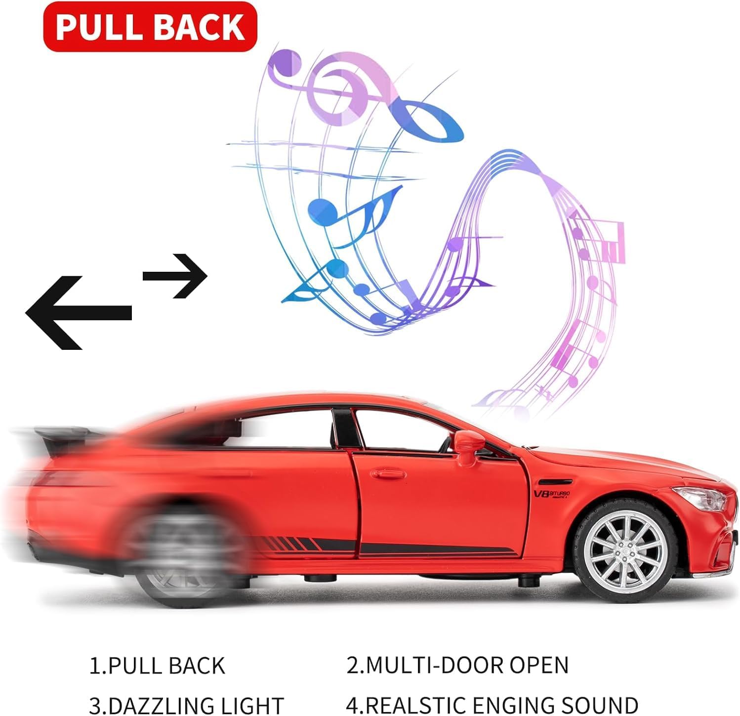 1/32 Model Car Zinc Alloy Toy Car, Pull Back with Light and Sound (Red) image 3