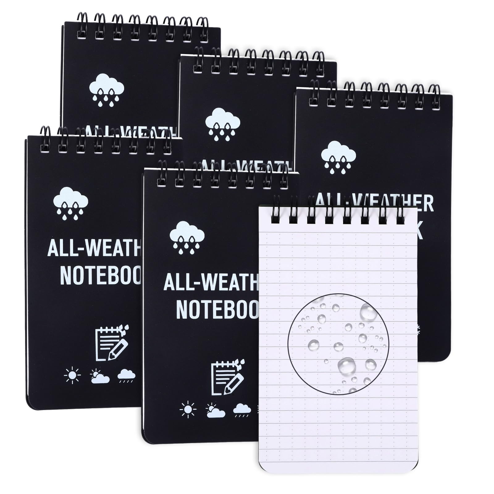 Lot de 6 blocs-notes étanches, 3 x 5 poches, bloc-notes de police avec 100 pages, carnet de poche résistant aux intempéries, convient pour l'extérieur, le bureau, l'école, les mémos (noir)