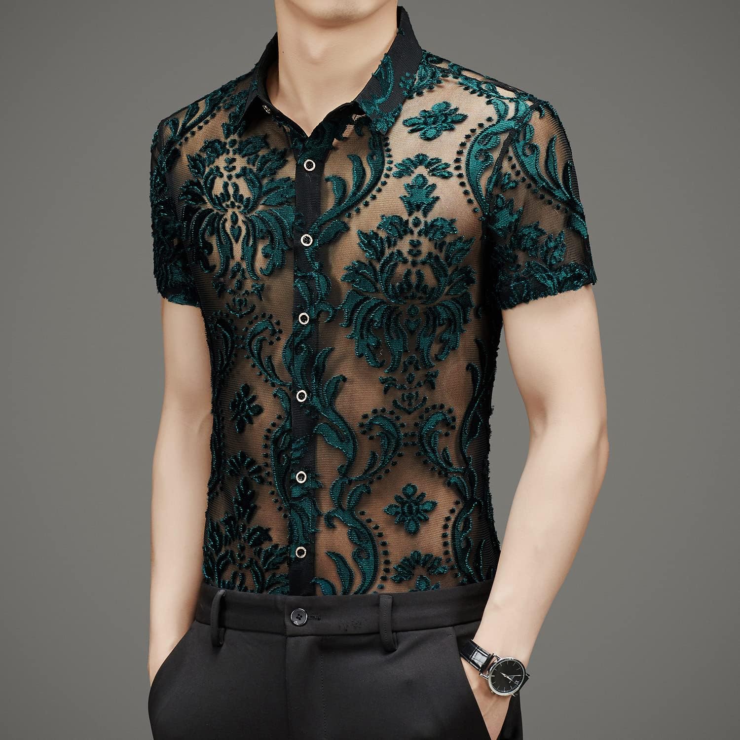 Men Women See Through Shirts Sexy Short Sleeve Night Club Fishnet Lace Shirt