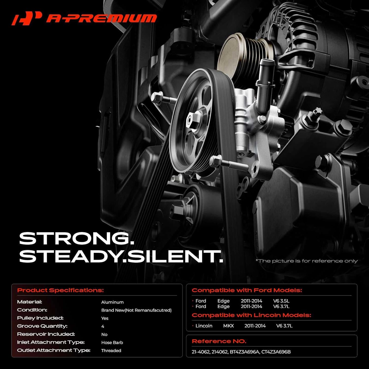 A-Premium Power Steering Pump, with Pulley, Compatible with Ford Edge 2011-2014 3.5L 3.7L & Lincoln MKX 2011-2014 3.7L, Replace# CT4Z3A696B