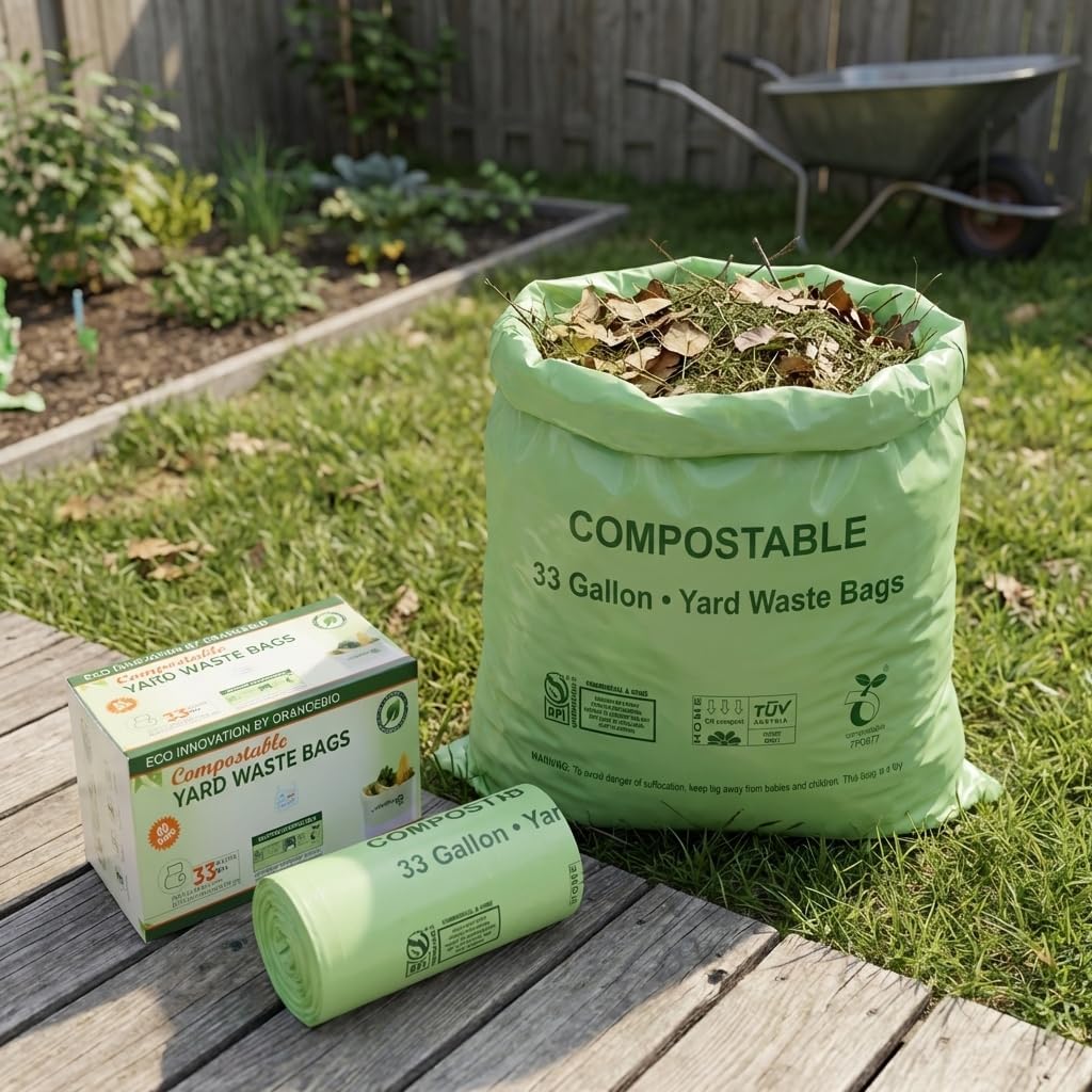 OrangeBio 33 Gallon Compostable Trash Bags, 40 Count, Heavy Duty Yard Waste & Lawn Bags, Plant-Based Garbage Bags, BPI ASTM D6400 & TÜV OK Compost Home Certified