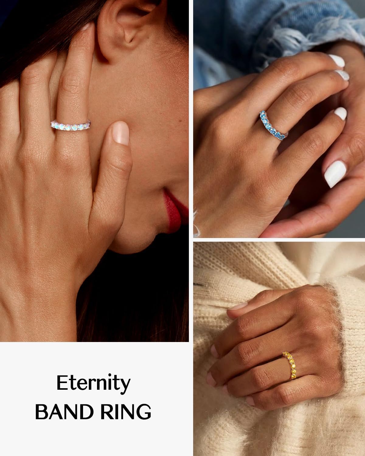 DAYBYDAY 925 Sterling Silver Birthstone Rings for Women White Sapphire Created Gemstone Wedding Band Stackable Half Eternity 7 Stone Anniversary Ring Wife Mom Grandma Birthday Jewelry Size 6-10