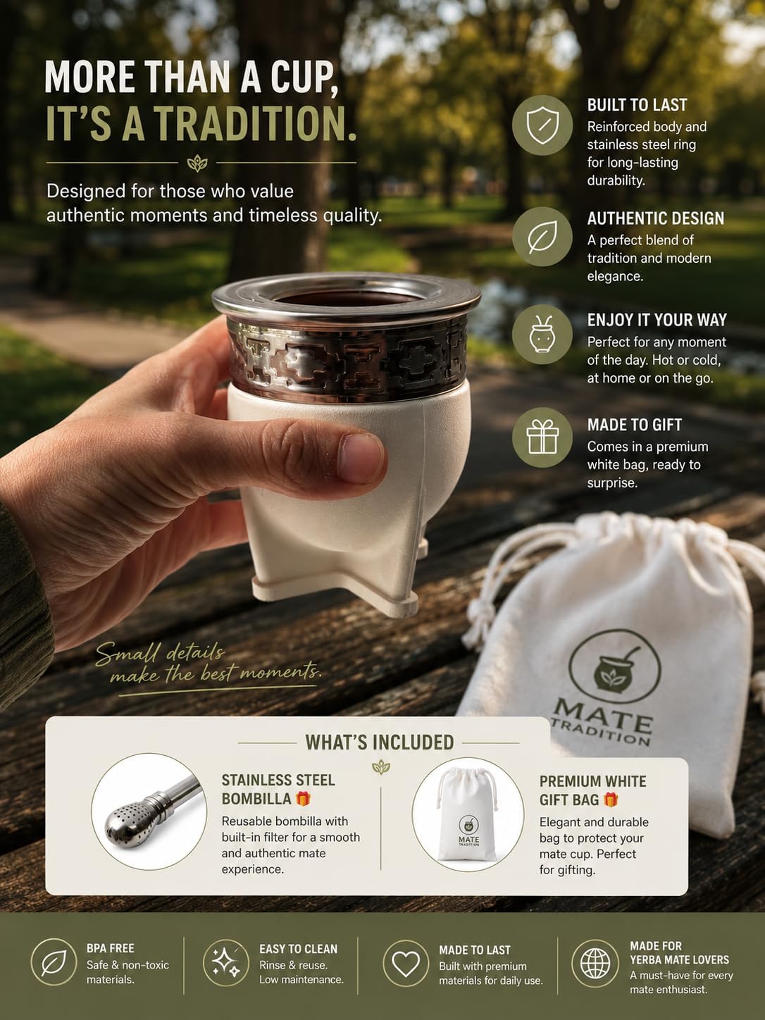 Mate Imperial Argentino Kit Mate, Taza de te, With Straw Tea Gourd Mug One Bombilla (Straw), Wrapped Handmade Leather Ideal for Gift and Travel (small) (White)