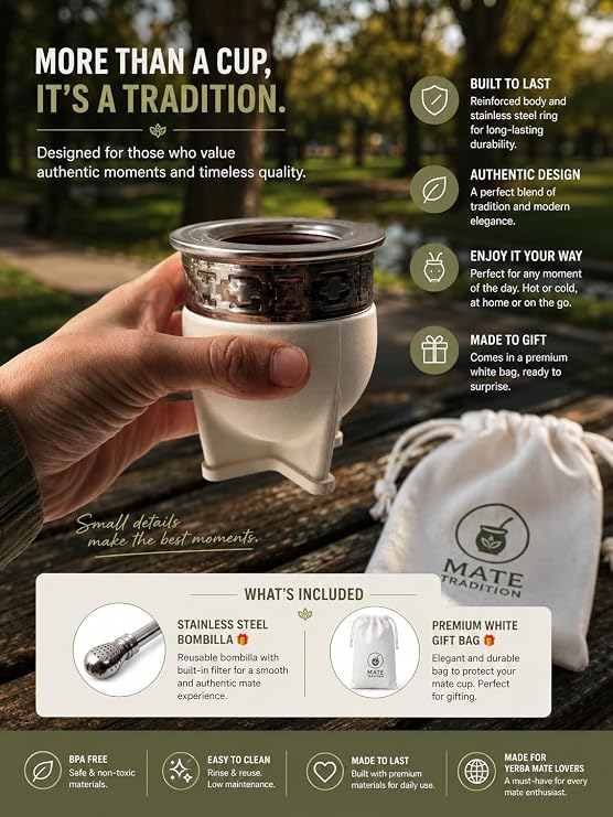 Mate Imperial Argentino Kit Mate, Taza de te, With Straw Tea Gourd Mug One Bombilla (Straw), Wrapped Handmade Leather Ideal for Gift and Travel (small) (White)
