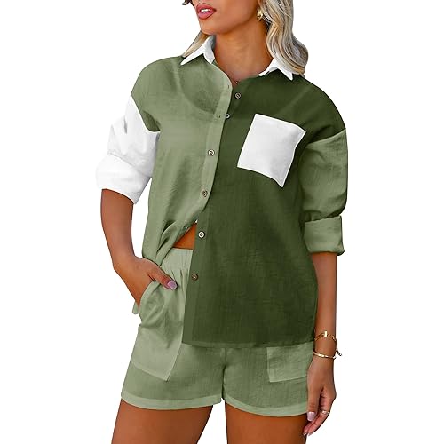 Women's 2024 Summer 2 Piece Outfits Linen Set Long Sleeve Linen Shirts Lounge Shorts Sets