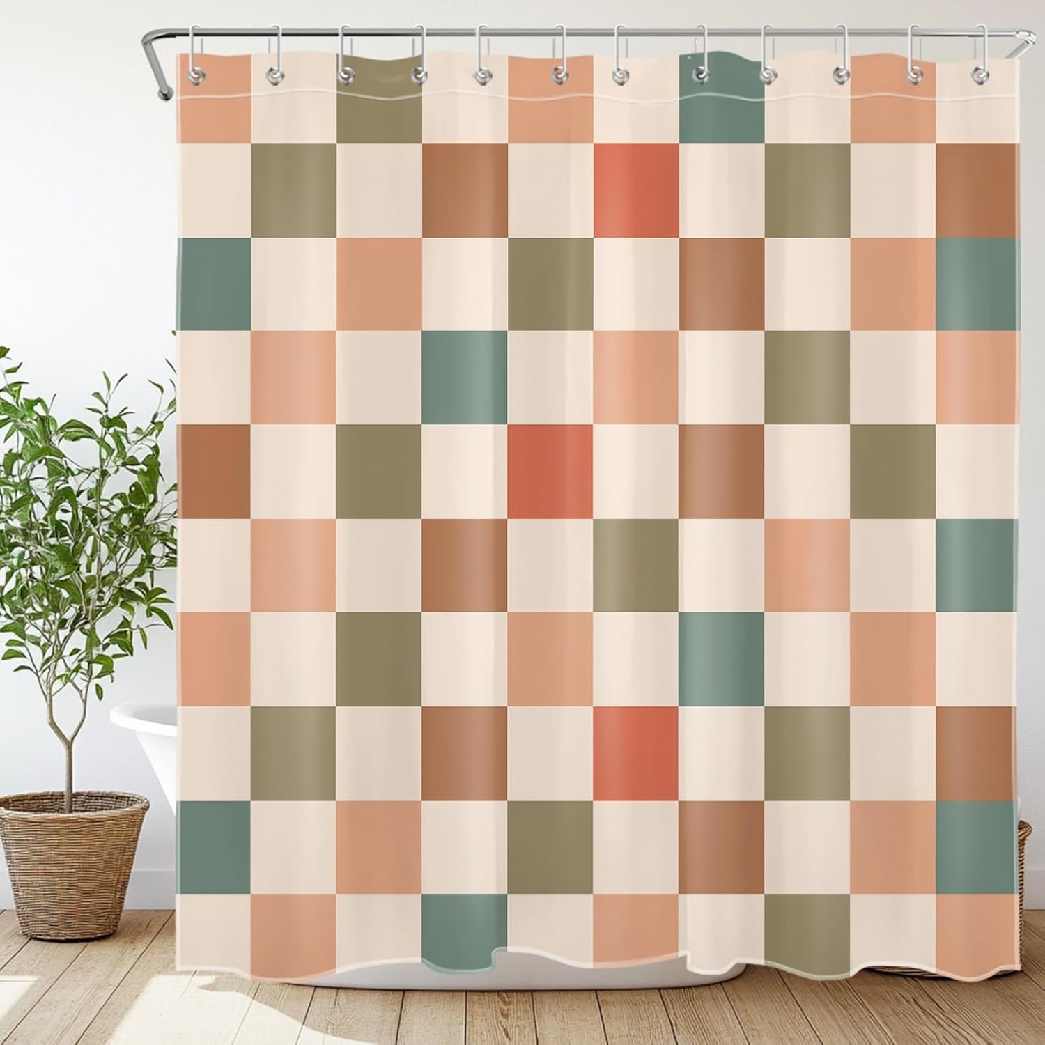Cute Retro Checkerboard Shower Curtain Boho Colorful Plaid on Beige Bathroom Curtain with 12 Hooks Aesthetic Room Decor, 72W X 78L Inch