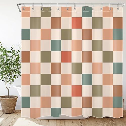 Miniatura 8 de Cortina de ducha retro con diseño de tablero de ajedrez para baño, juego de cortina de ducha bohemia a cuadros sobre beige con 12 ganchos, bonita