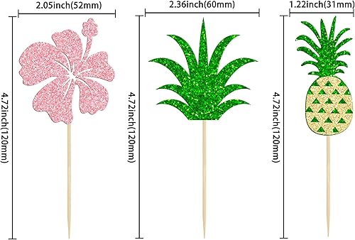 Miniatura 2 de Gyufise Paquete de 24 adornos tropicales para cupcakes con purpurina de hojas de piña Aloha para cupcakes para verano, temática hawaiana de Luau,