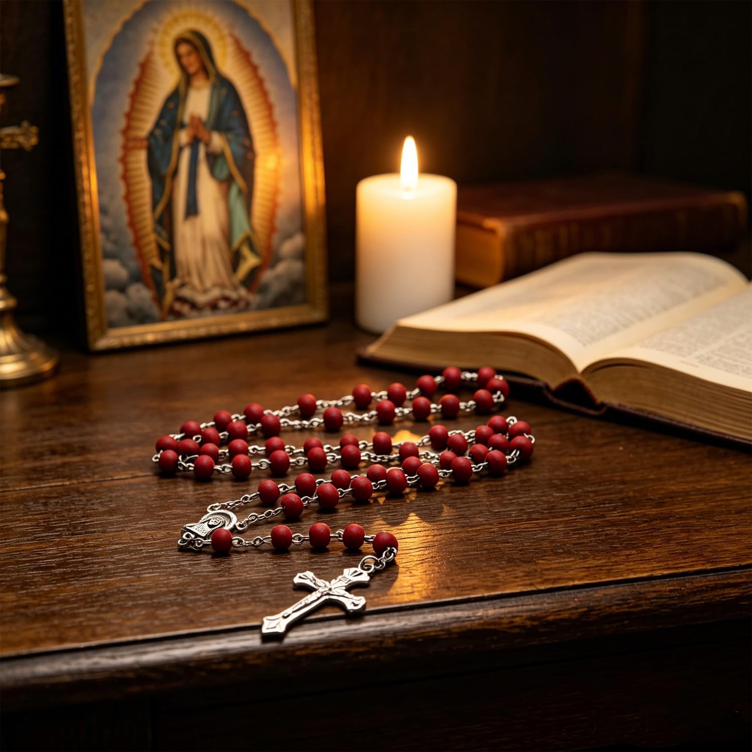 24 Pcs Rose Scented Catholic Rosary Necklace Virgen De Guadalupe Necklaces Wooden Rosary Beads Cross Necklace Bulk with Gift Box for Women Men First Communion Baptism Favors Catholic Gifts