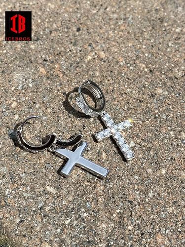 Iced Moissanite 14K Gold Vermeil 925 Silver Dangle Cross Stud Earrings 2Ct (1.5” (2.1Ct), White Gold) #TOP2