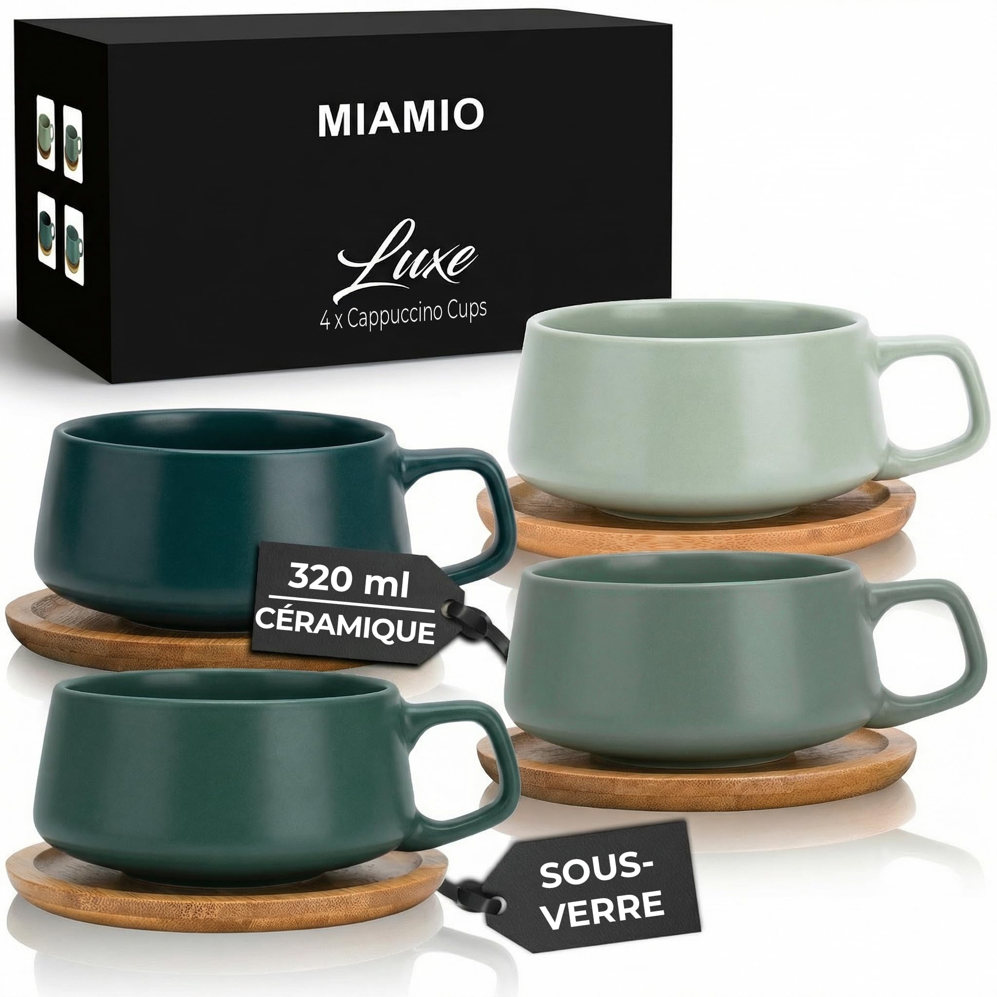 MIAMIO - 4 x 320 ml tasses à café/set de tasses et soucoupes/tasses à café en grès élégantes et modernes - Set Luxe collection 4pcs (Evergreen)