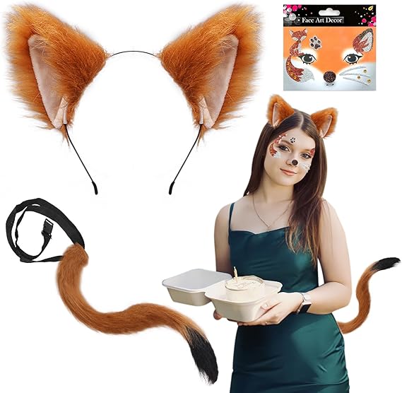 3 Piezas de Zorro para Niños y Adultos Orejas de Zorro y Larga Cola de Zorro. Incluye Pegatinas Tatuajes Faciales.