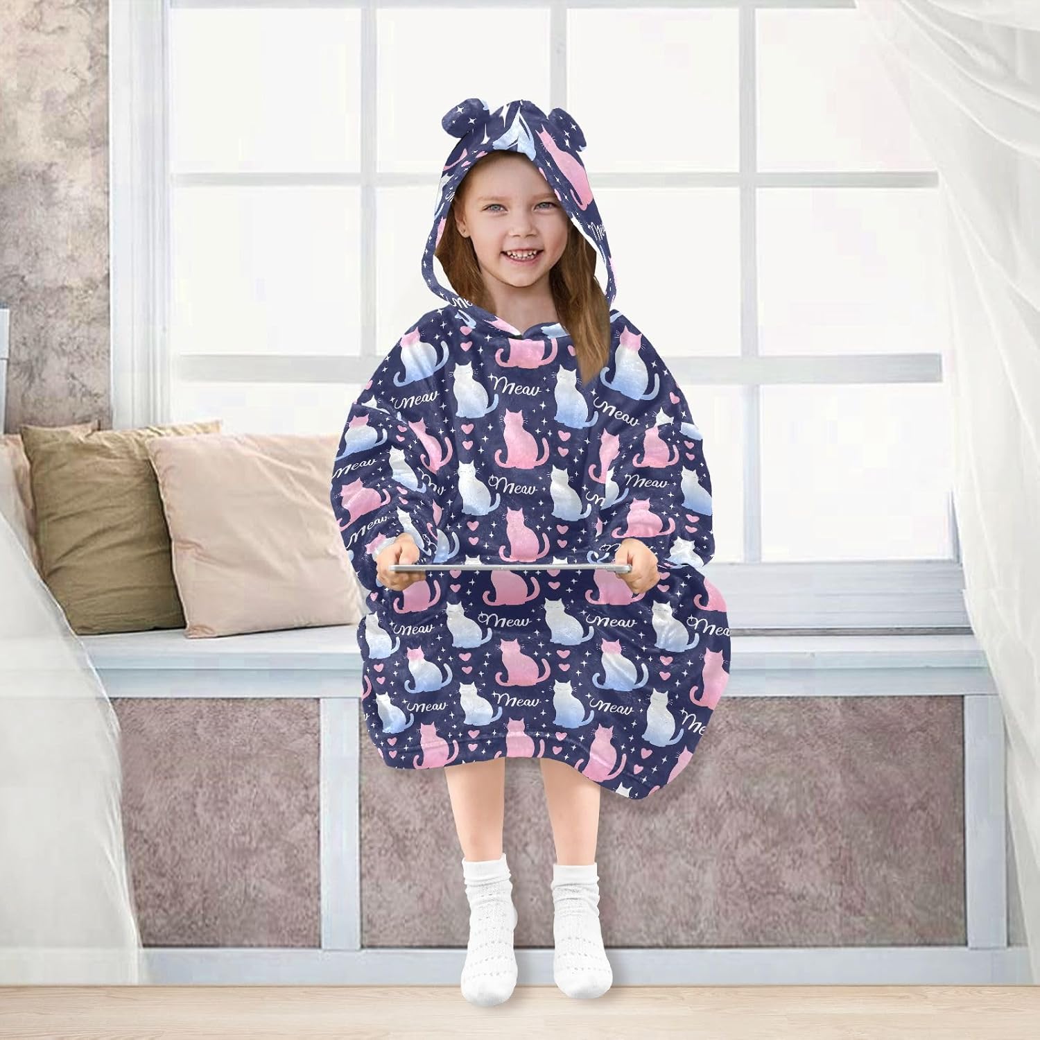 Colorful Simple Cats Prints Wearable Blankets for Kids, Soft Warm Cozy Blanket Hoodie for Boys Girls with Pocket